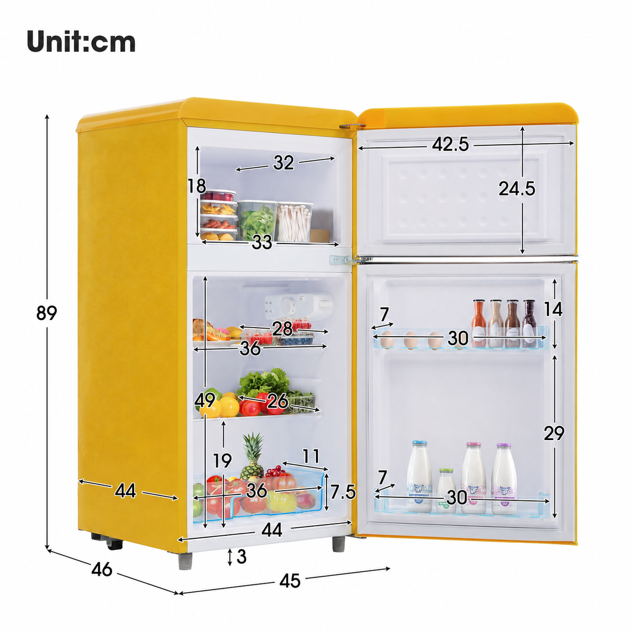Ein gelber Kühlschrank mit offenen Türen, gefüllt mit Lebensmitteln und Messmarkierungen.