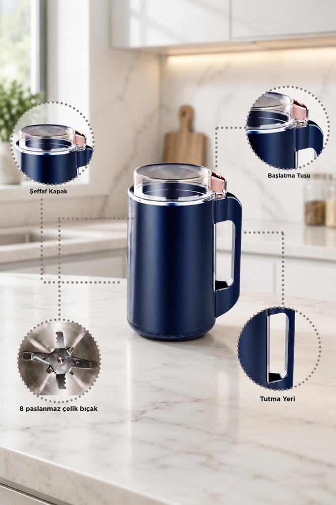 Şeffaf kapaklı, bıçaklı ve saplı koyu mavi blender. Mutfak ortamı.