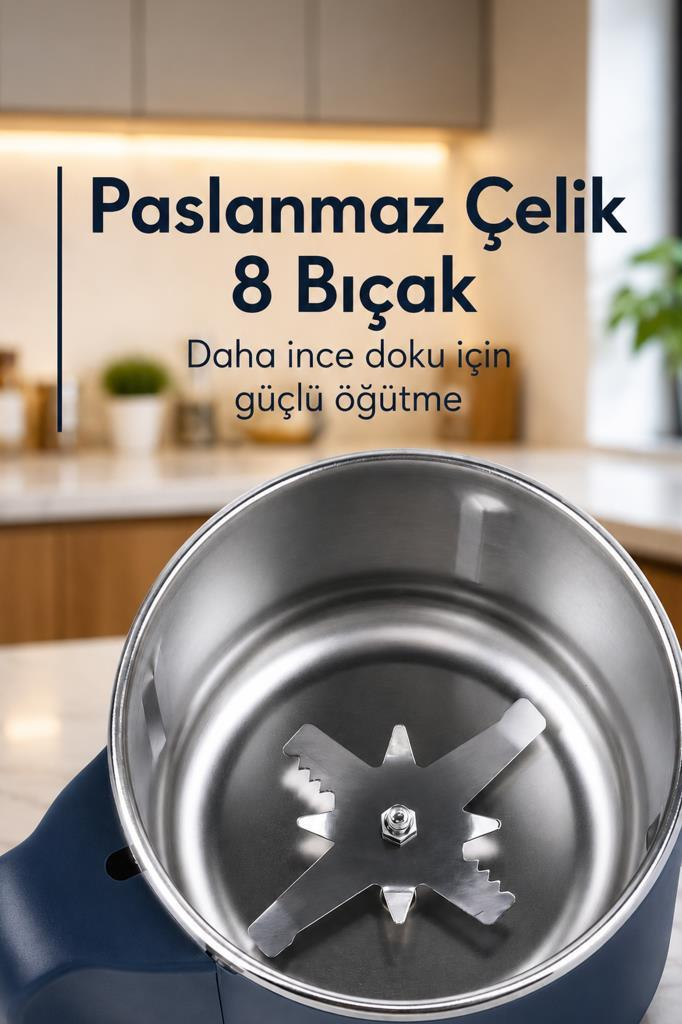 8 paslanmaz çelik bıçaklı kahve öğütücüsünün yakın çekimi ve Türkçe metin.