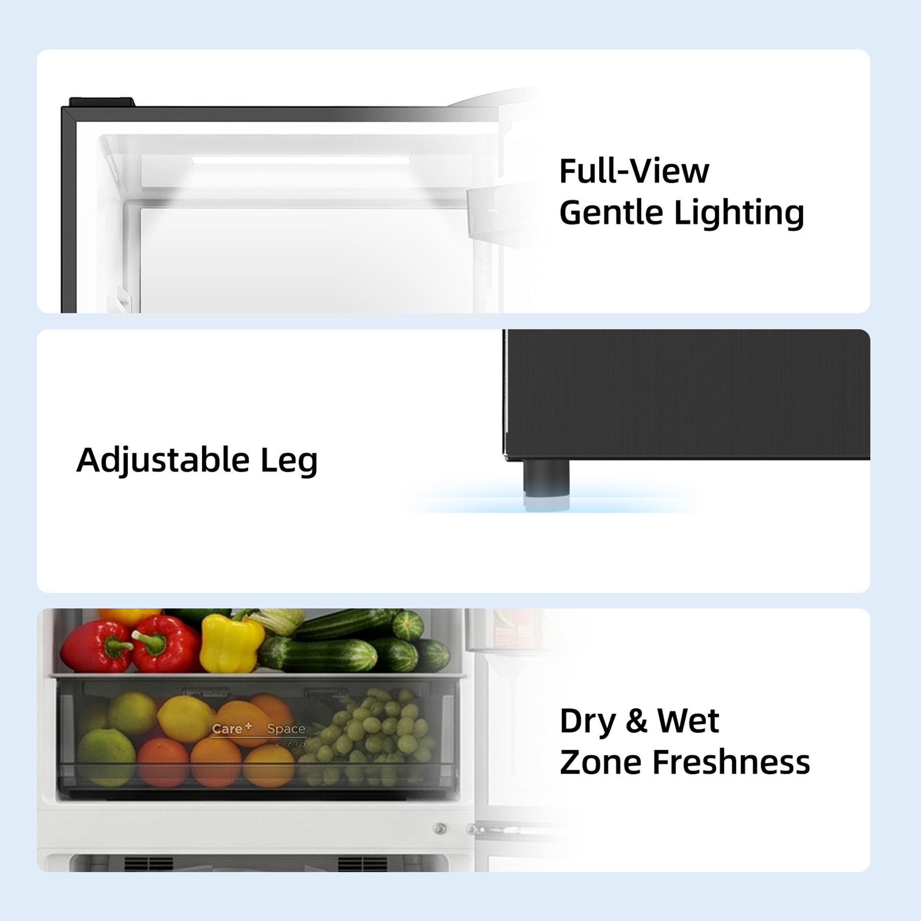 Kühlschrank-Innenraum mit LED-Beleuchtung, verstellbarem Bein und frischen Produkten in Schubladen.