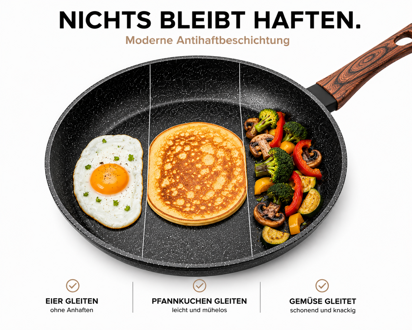 Eine Pfanne mit einem Spiegelei, Pfannkuchen und Gemüse, die nicht haften.