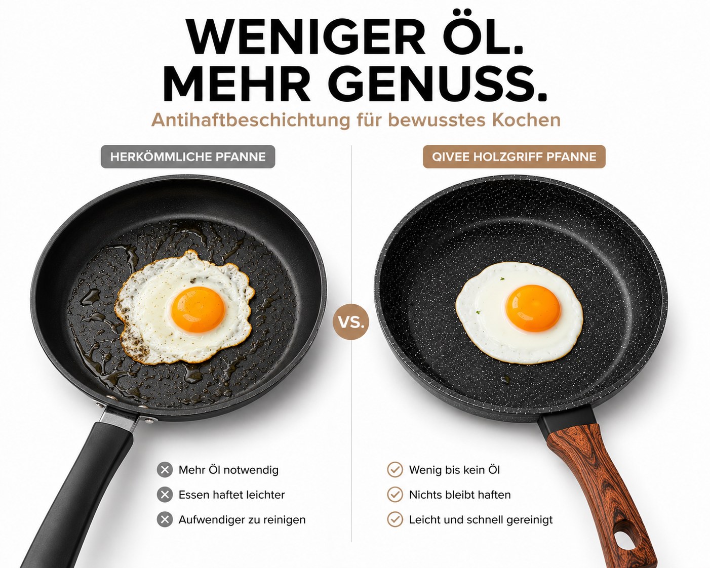 Zwei Pfannen im Vergleich: Eine herkömmliche mit Ei und Öl, eine Qivee mit Ei ohne Öl.