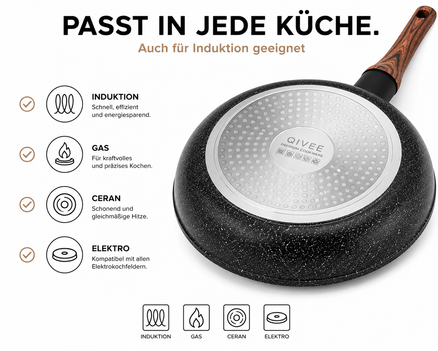 Eine schwarze Pfanne mit Holzgriff, geeignet für Induktion, Gas, Ceran und Elektro.