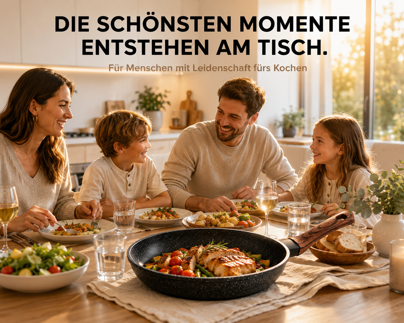 Eine Familie genießt ein gemeinsames Abendessen am Tisch, mit Speisen und Getränken.