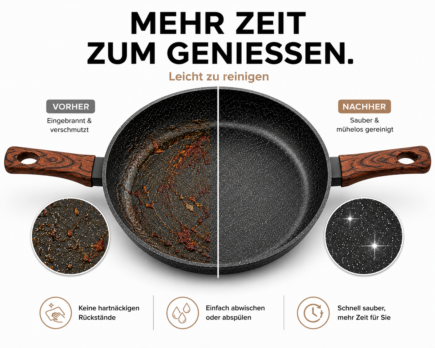 Vorher-Nachher-Vergleich einer Bratpfanne, die von schmutzig zu sauber gereinigt wurde.