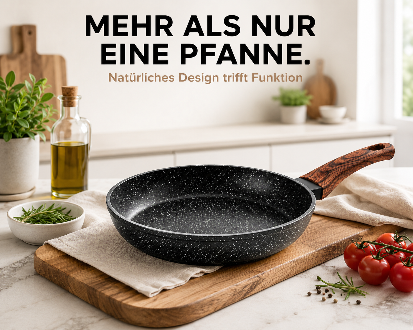 Eine schwarze Bratpfanne mit Holzgriff steht auf einem Holzbrett, daneben Kräuter und Tomaten.
