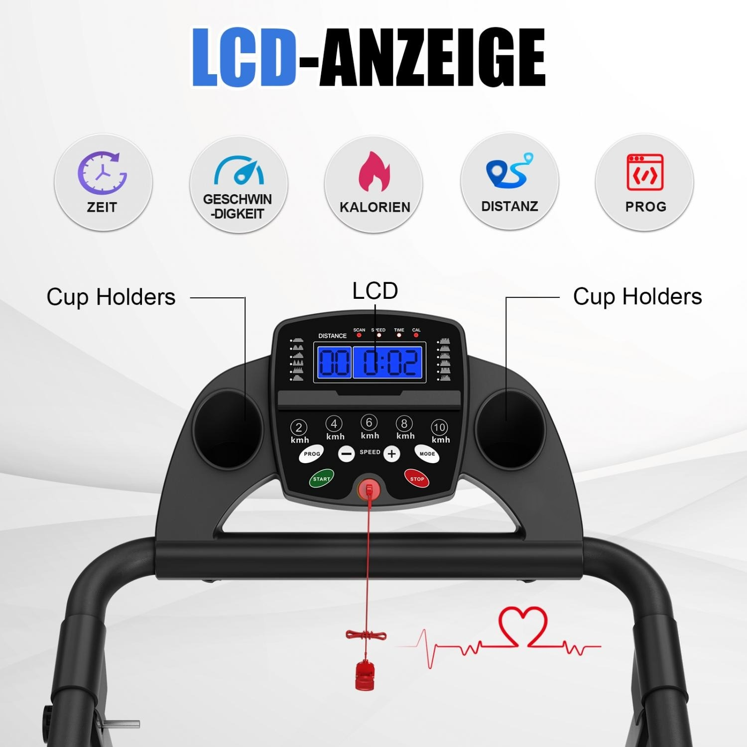 Bedienfeld eines Laufbandes mit LCD-Anzeige, Tasten und Getränkehaltern.