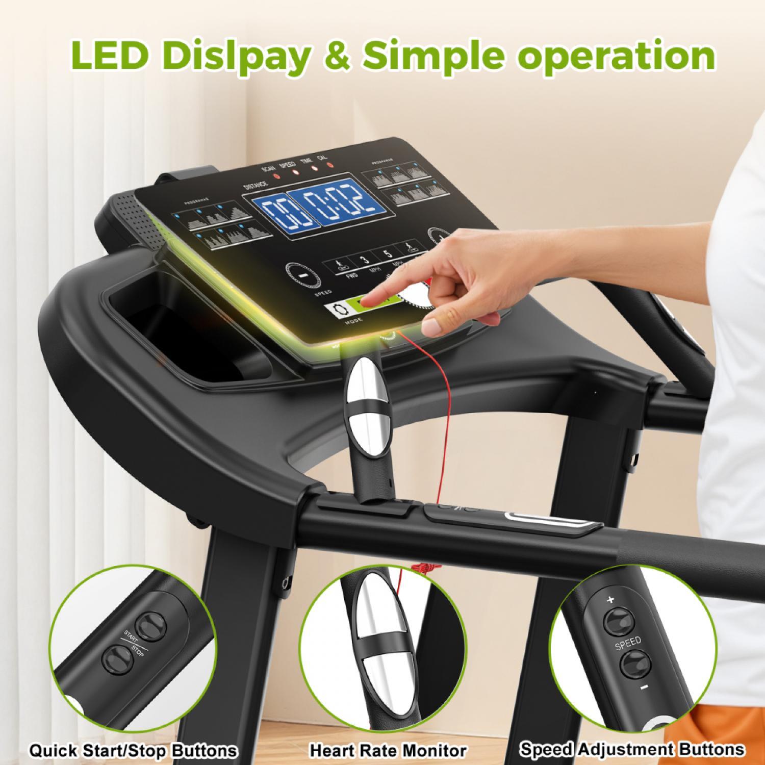 Ein schwarzes Laufband mit LED-Anzeige und Bedienelementen.