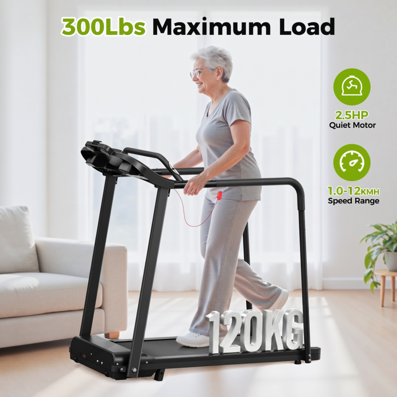 Seniorin auf Laufband, 300 lbs max. Last, 2.5HP Motor, 1-12 km/h.