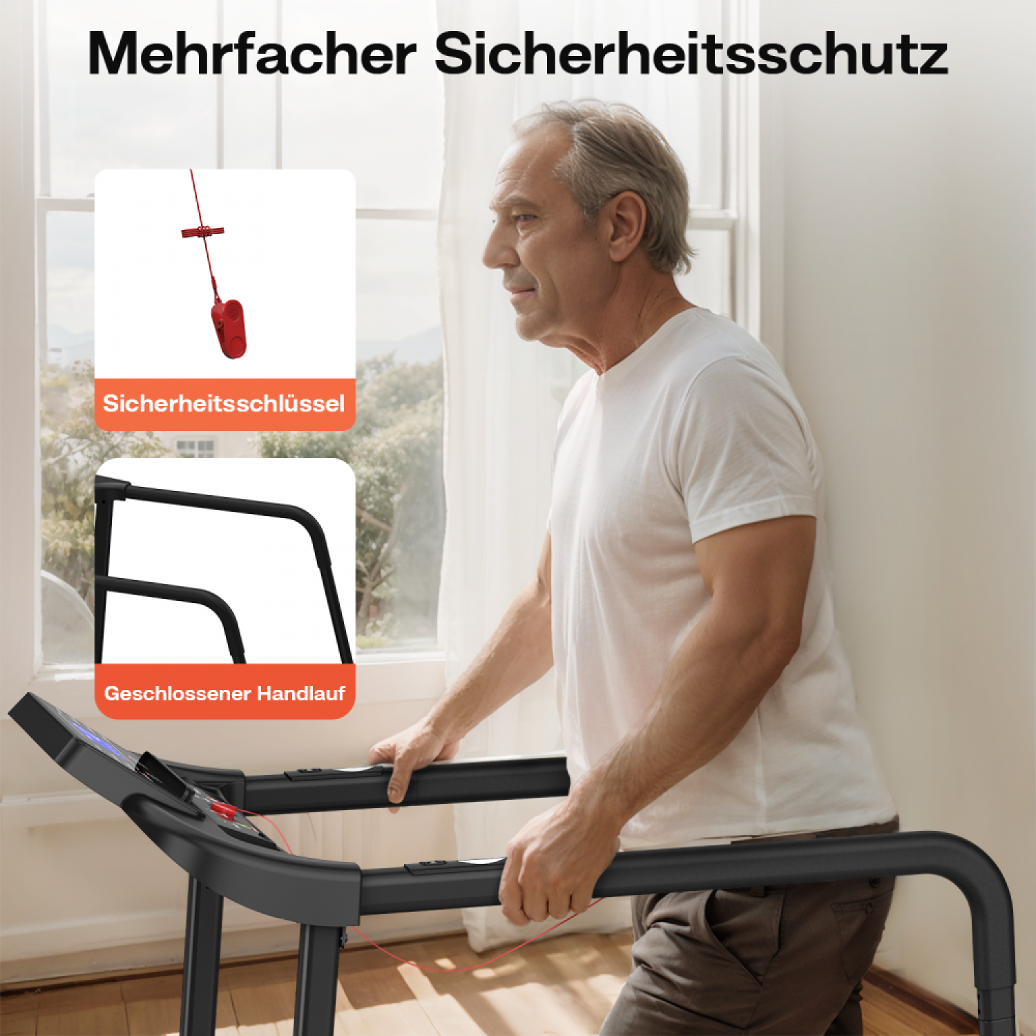 Ein Mann auf einem Laufband mit Sicherheitsschlüssel und Handlauf.