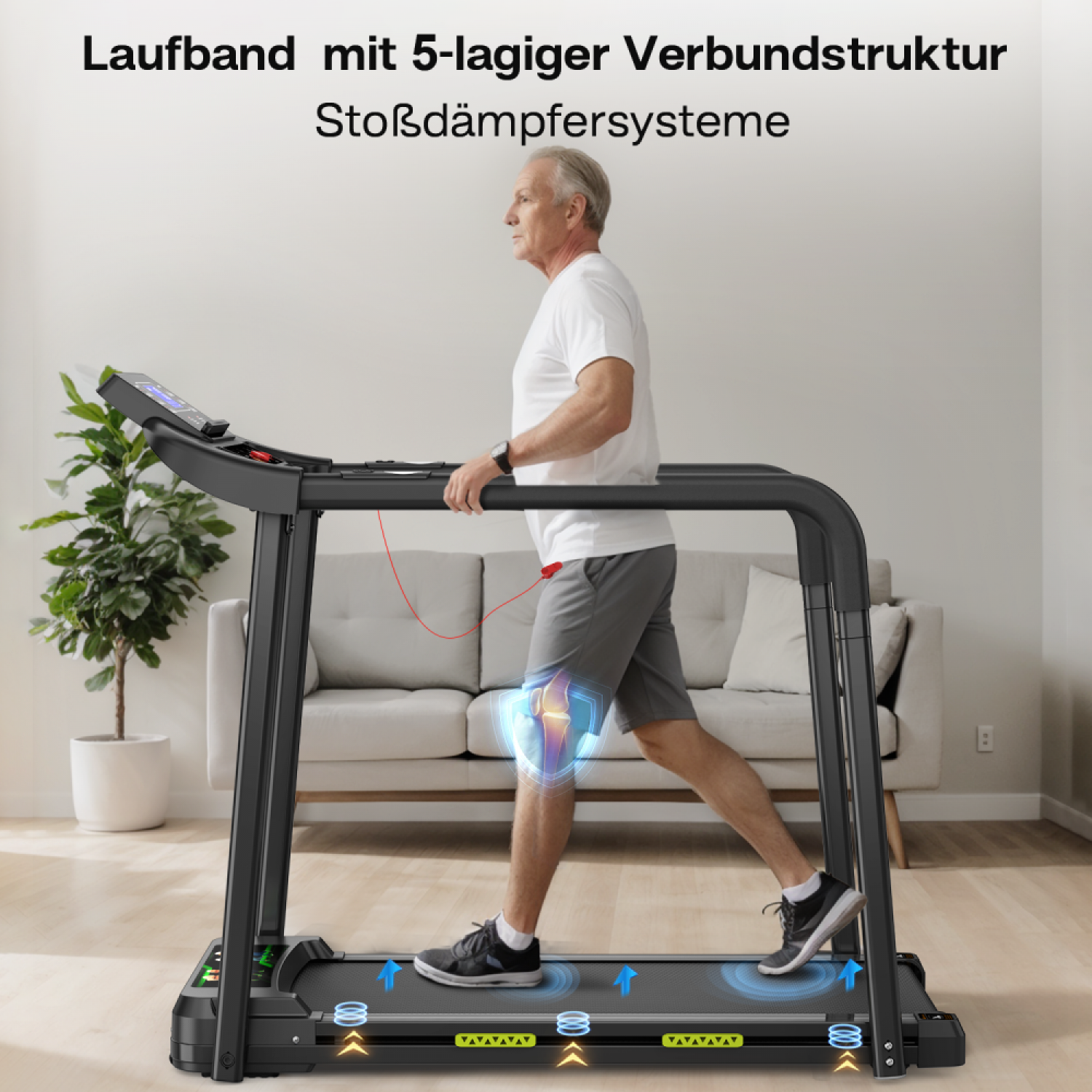 Ein älterer Mann auf einem Laufband, mit Hervorhebung der Stoßdämpfung im Kniebereich.