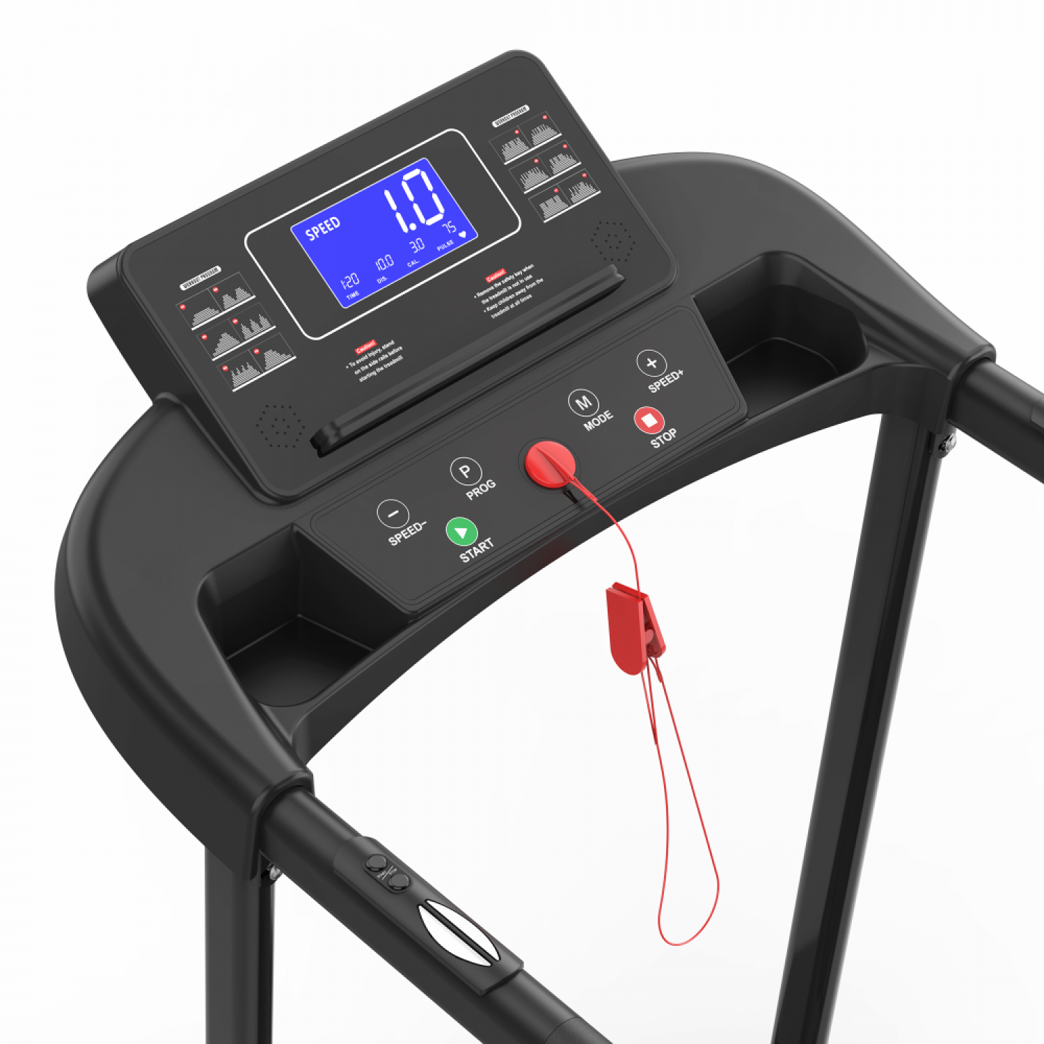 Naheinstellung eines schwarzen Laufbands mit digitalem Display und rotem Not-Aus-Schalter.