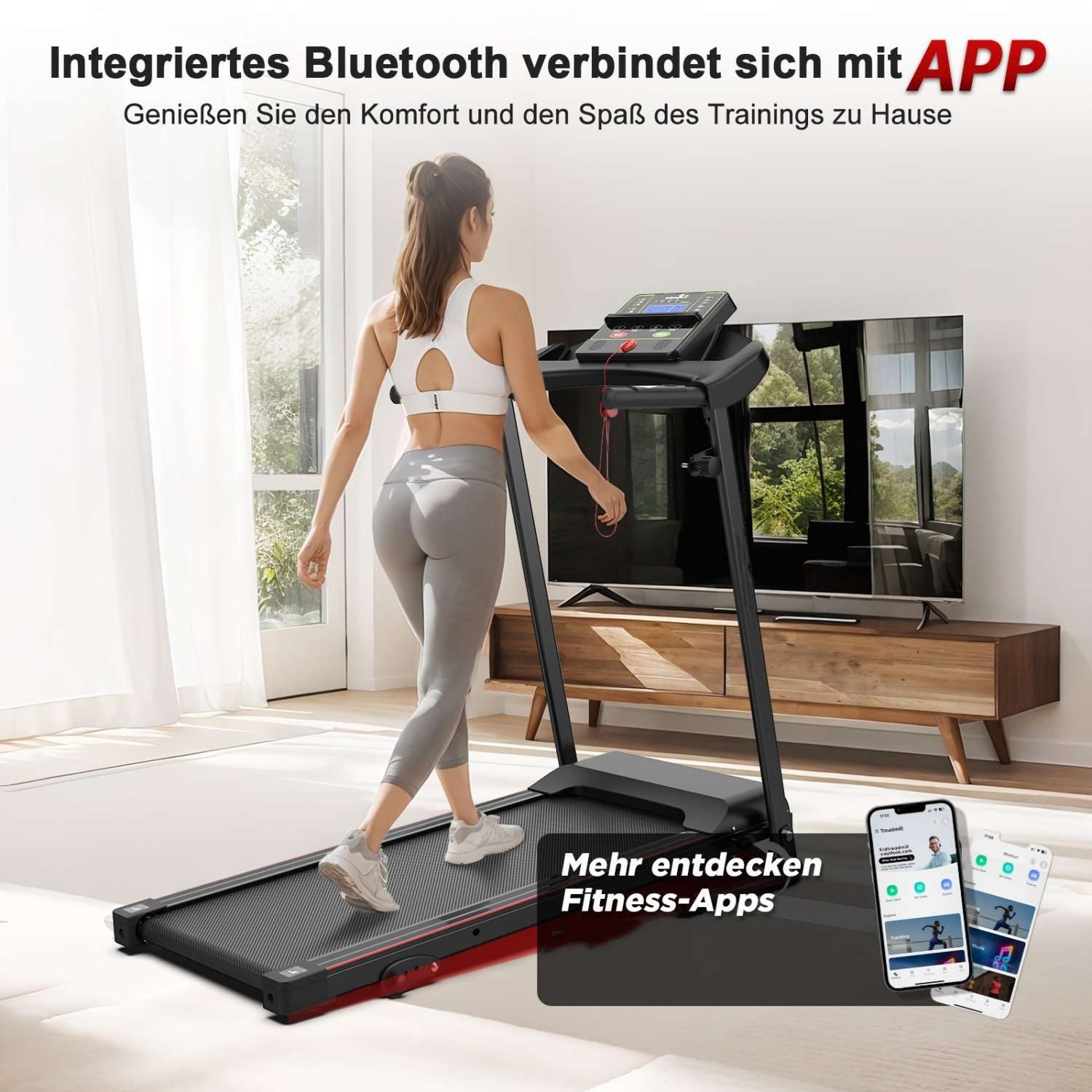 Frau auf Laufband mit TV und Handy, Bluetooth-Verbindung
