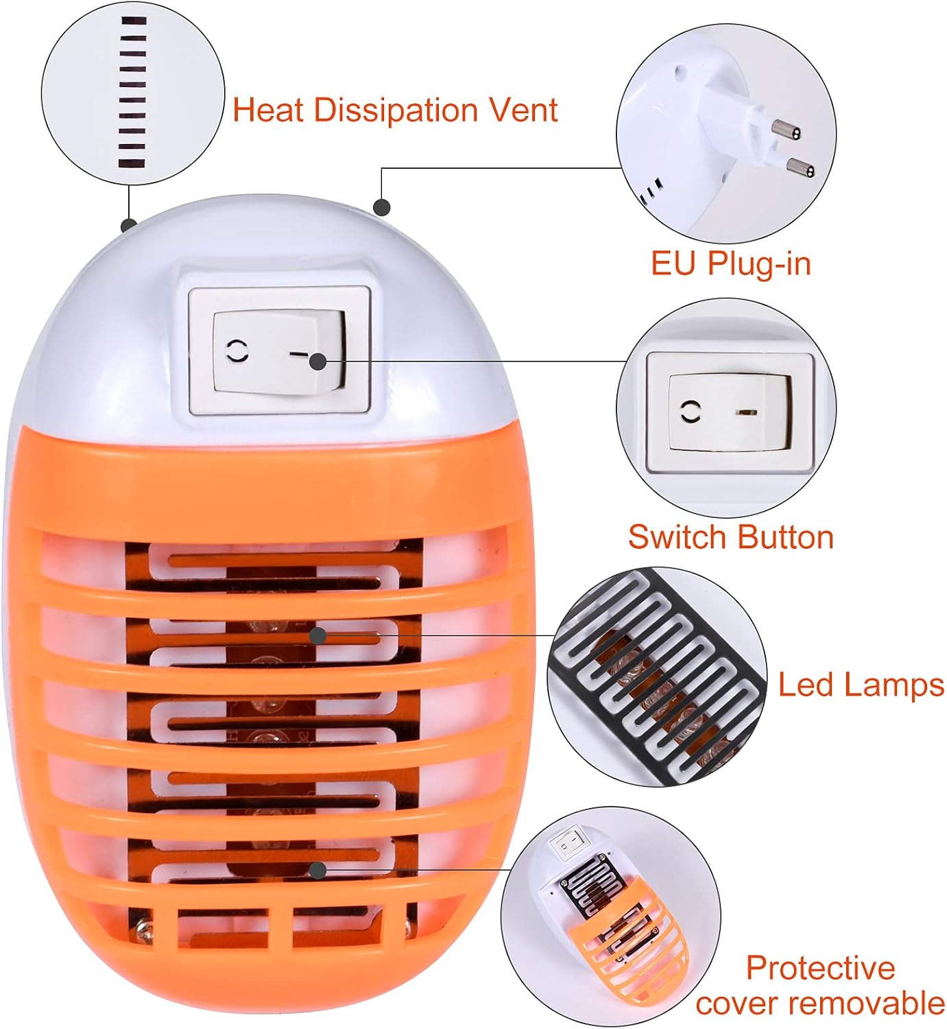Ein weiß-oranger Insektenvernichter mit EU-Stecker, Schalter und LED-Lampen.