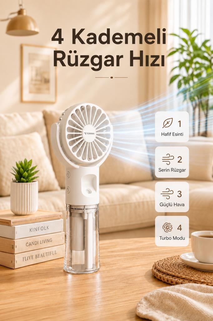 Dört kademeli beyaz masaüstü fan ahşap bir masa üzerinde duruyor.