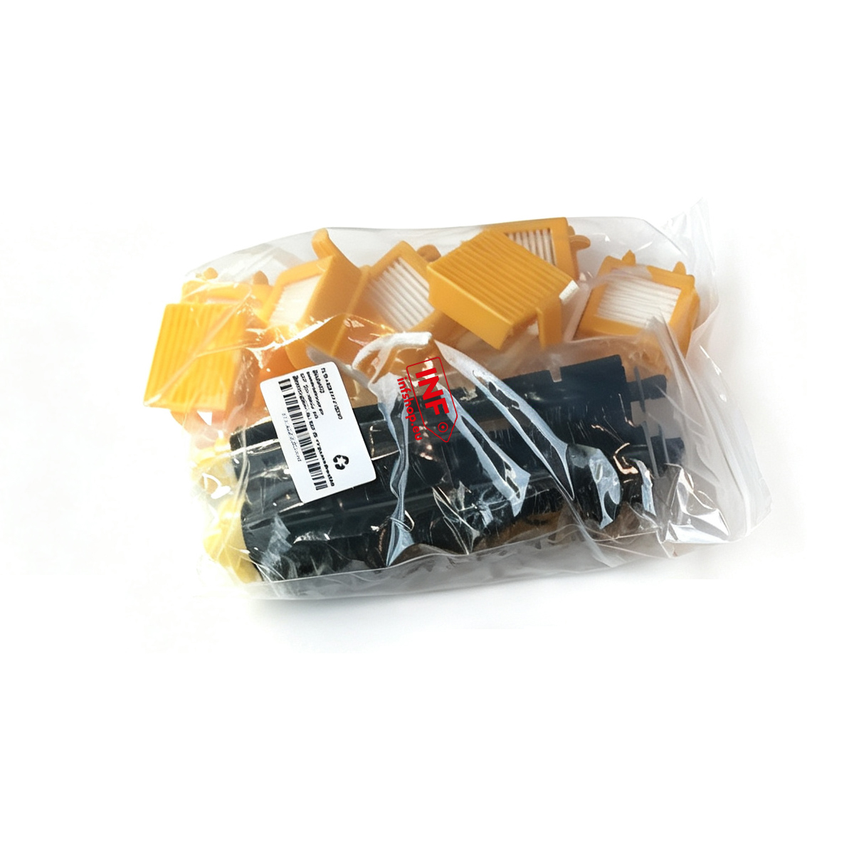 Yellow and black parts in a plastic bag with a label.