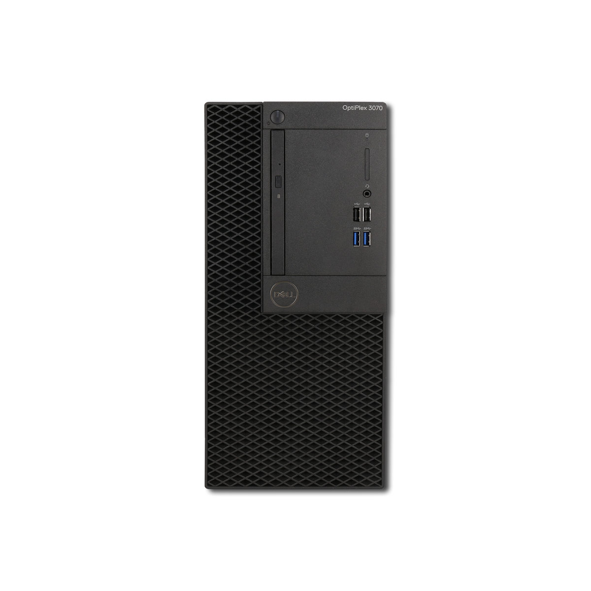 Un PC tower Dell OptiPlex 3070 nero con porte USB e un vano per unità ottica.
