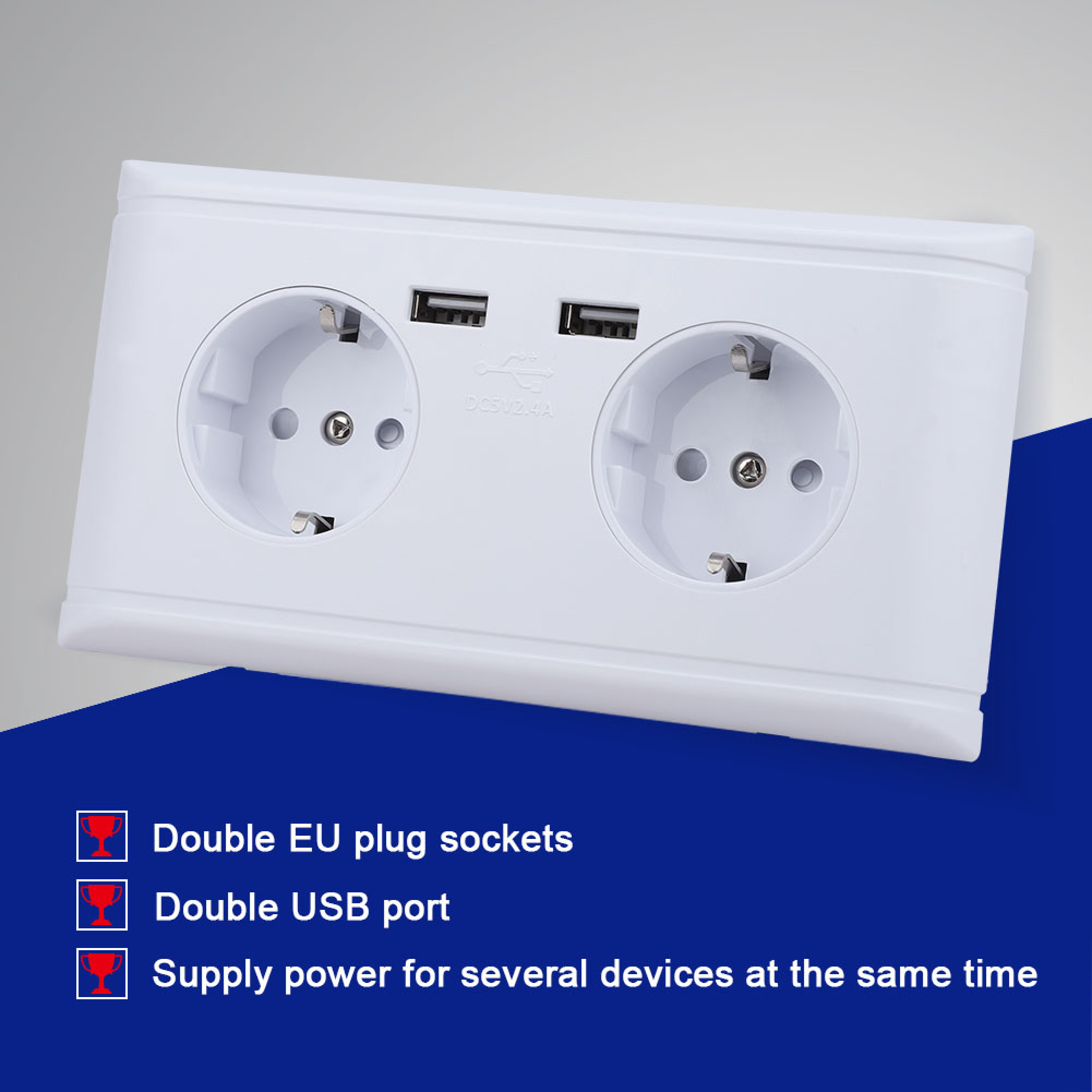 Weiße Steckdose mit zwei EU-Steckplätzen und zwei USB-Anschlüssen.