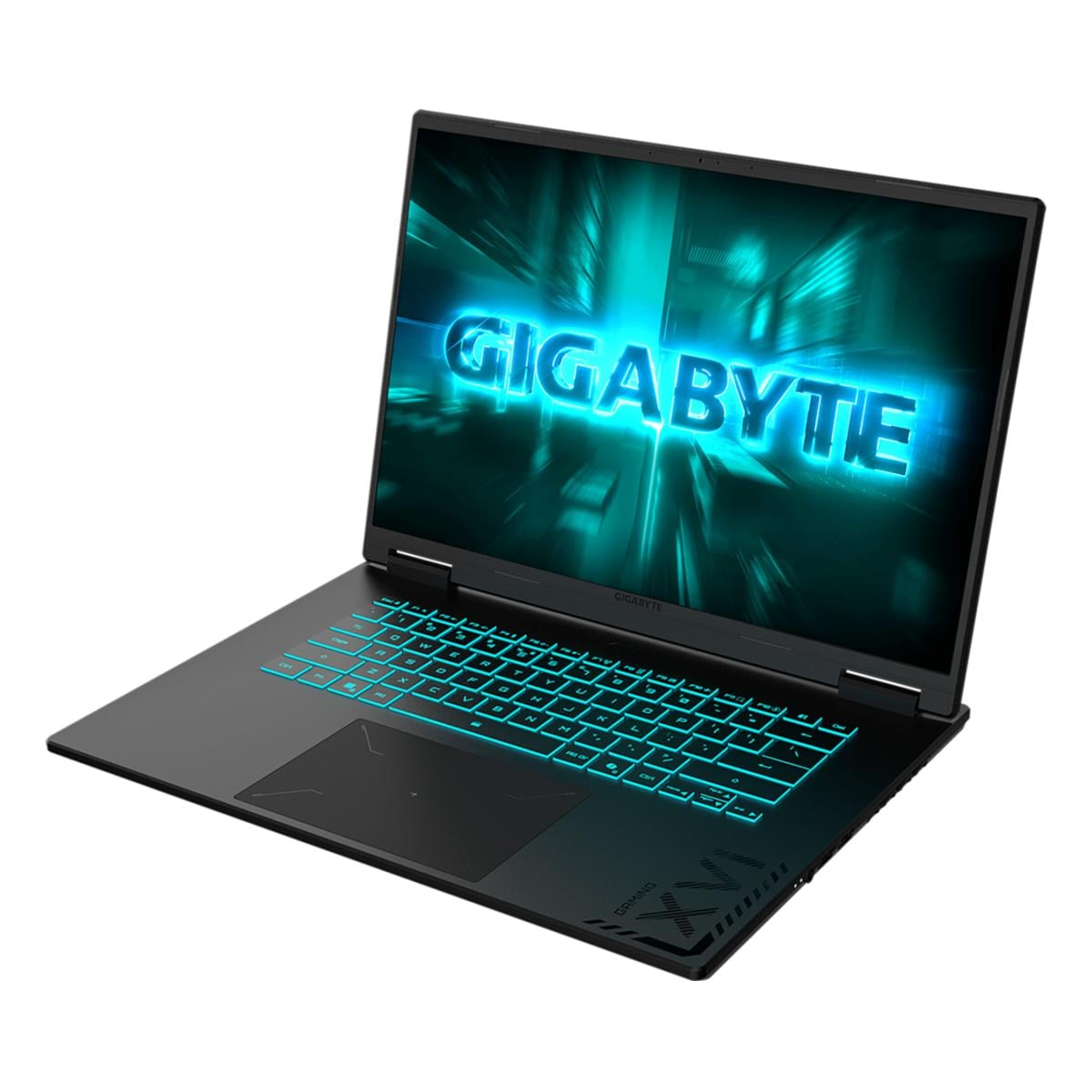Ein schwarzer Gigabyte Gaming-Laptop mit leuchtend blauer Tastatur und Bildschirm.
