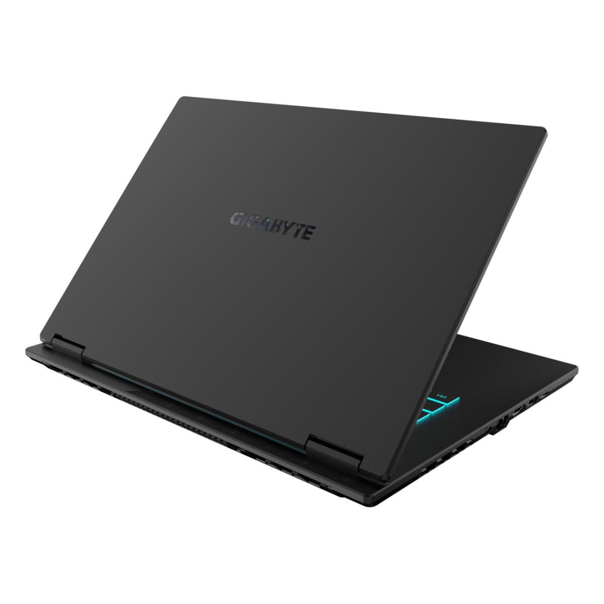 Schwarzer Laptop mit beleuchteter Tastatur und GIGABYTE-Logo auf dem Deckel.