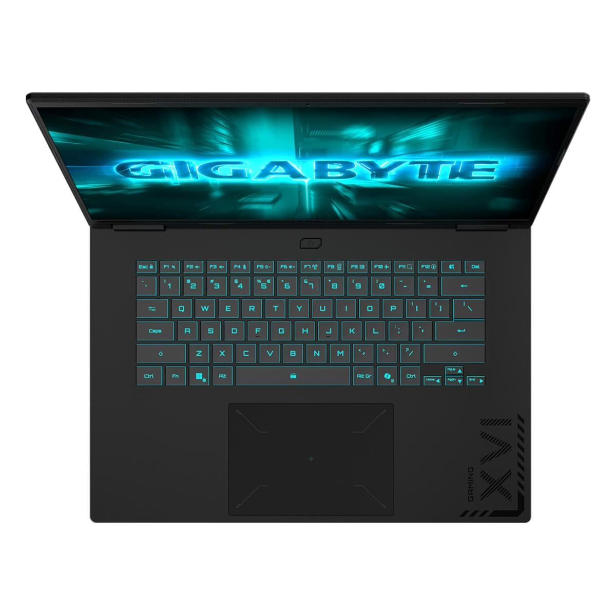 Ein geöffneter schwarzer Laptop mit beleuchteter Tastatur und GIGABYTE-Logo.