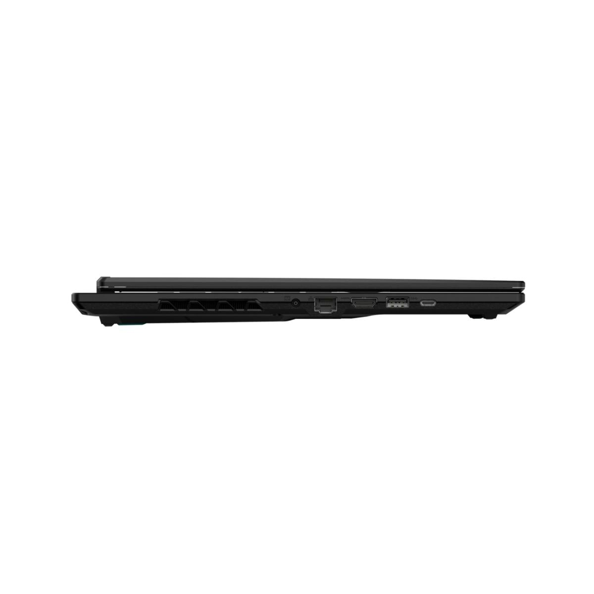Schwarzer Laptop von der Seite mit sichtbaren Anschlüssen wie USB und HDMI.