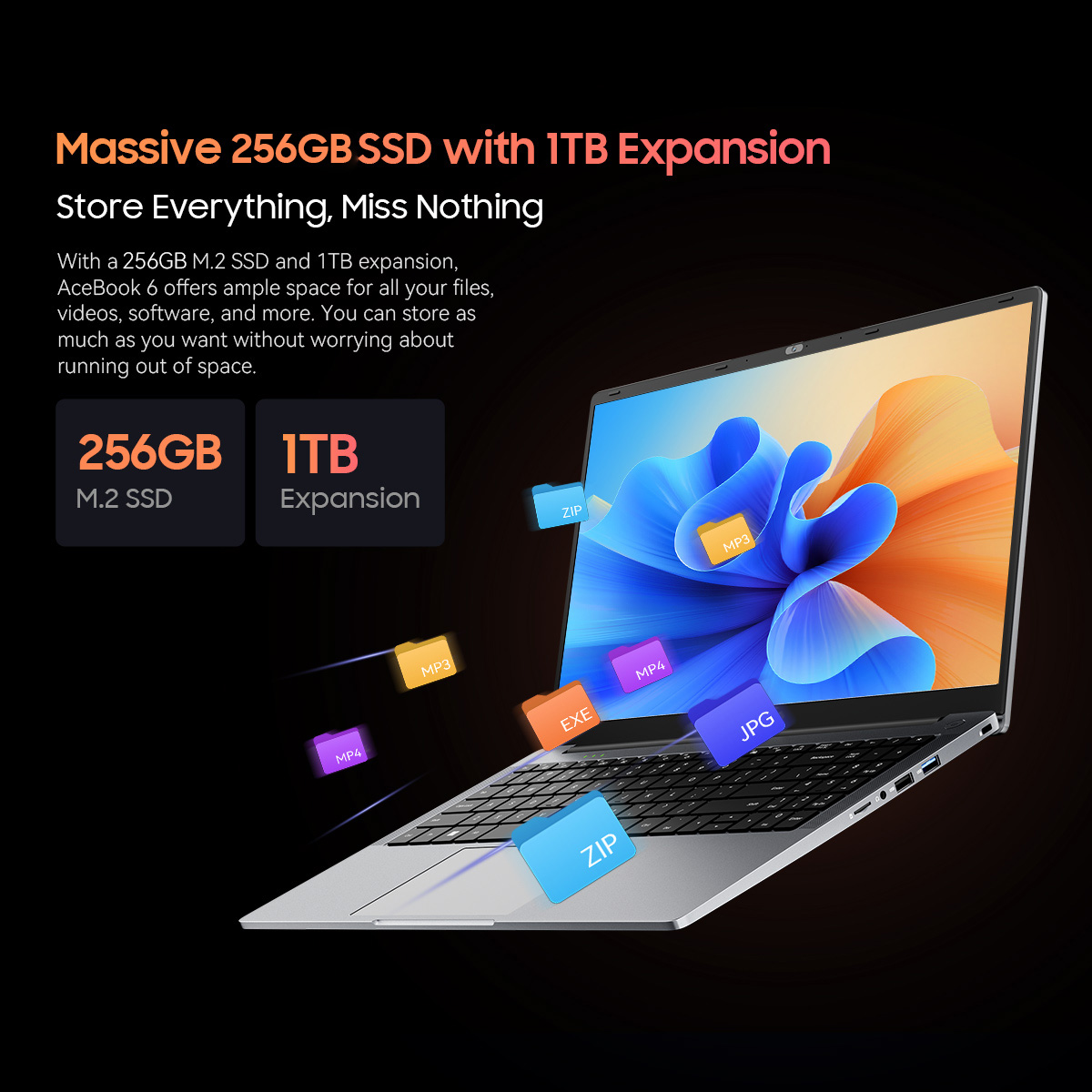 Laptop wyświetla pliki takie jak ZIP, MP3, MP4, EXE, JPG dla dysku SSD 256 GB i rozszerzenia 1 TB.