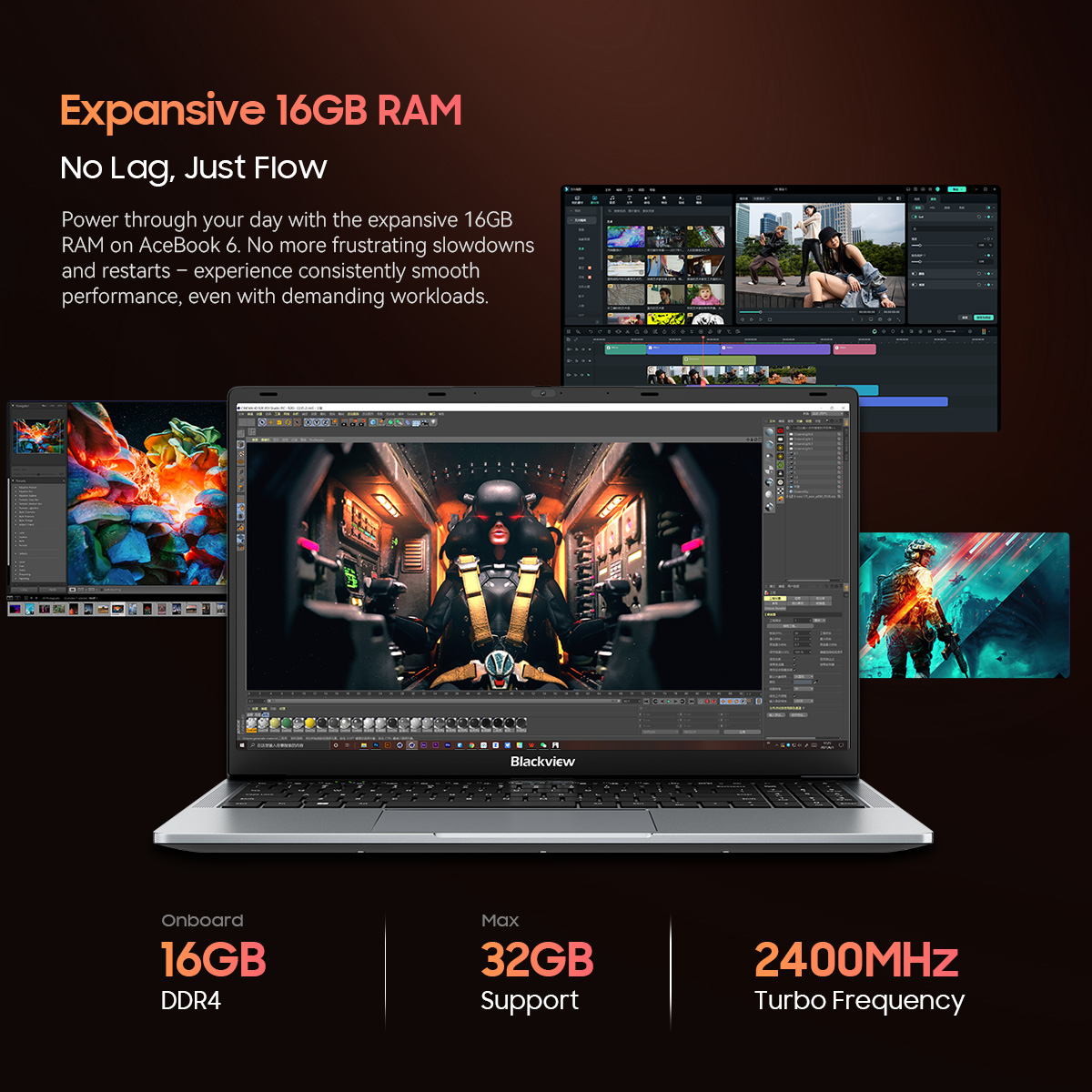 Laptop wyświetla animację 3D, edycję wideo i obrazy. 16 GB RAM, maks. 32 GB wsparcia.