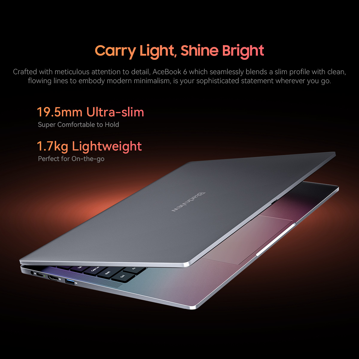 Szary laptop, ultralekki, z widocznymi portami. Tekst podkreśla grubość 19,5 mm.