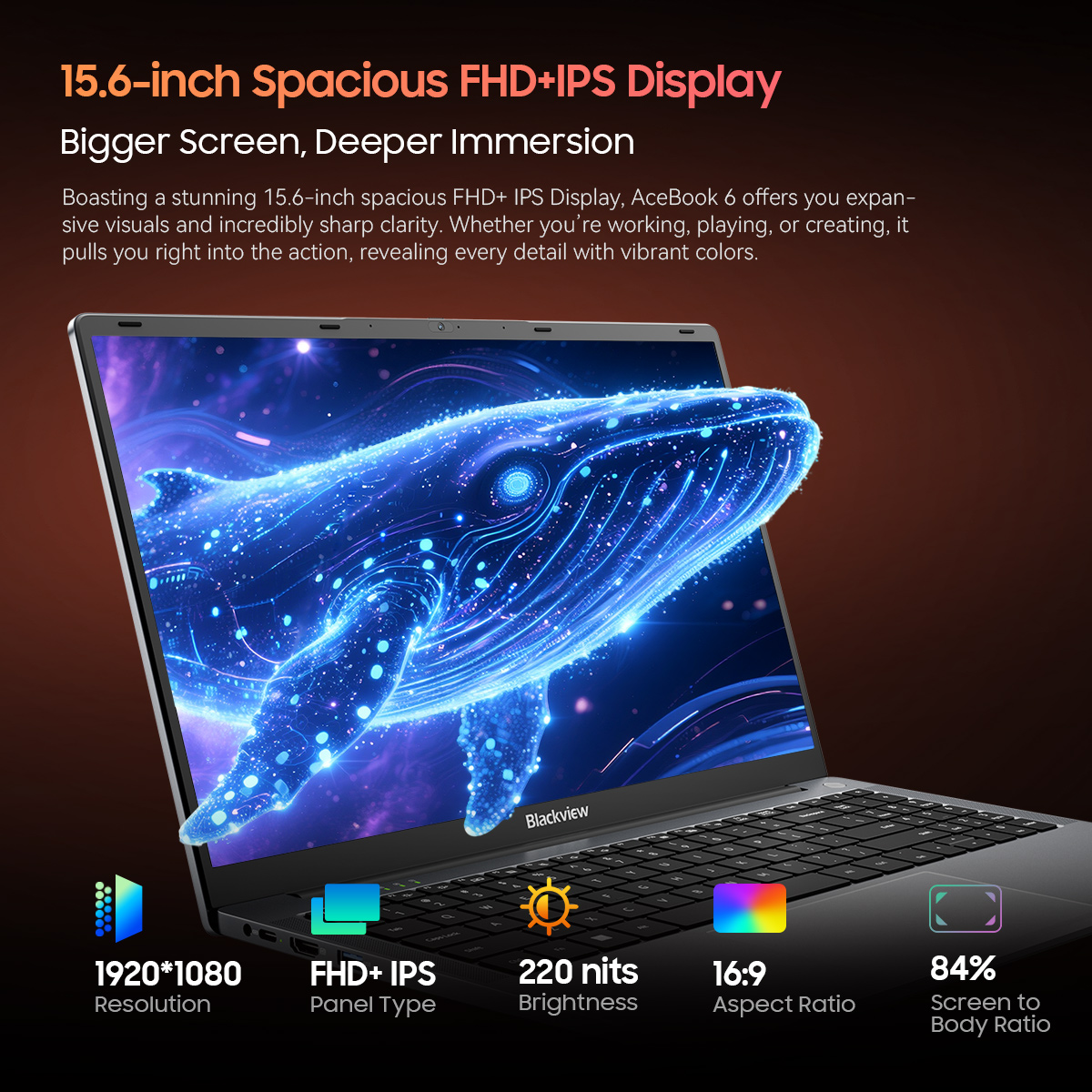 Laptop wyświetla niebieskiego wieloryba na ekranie FHD+ IPS 15,6 cala.