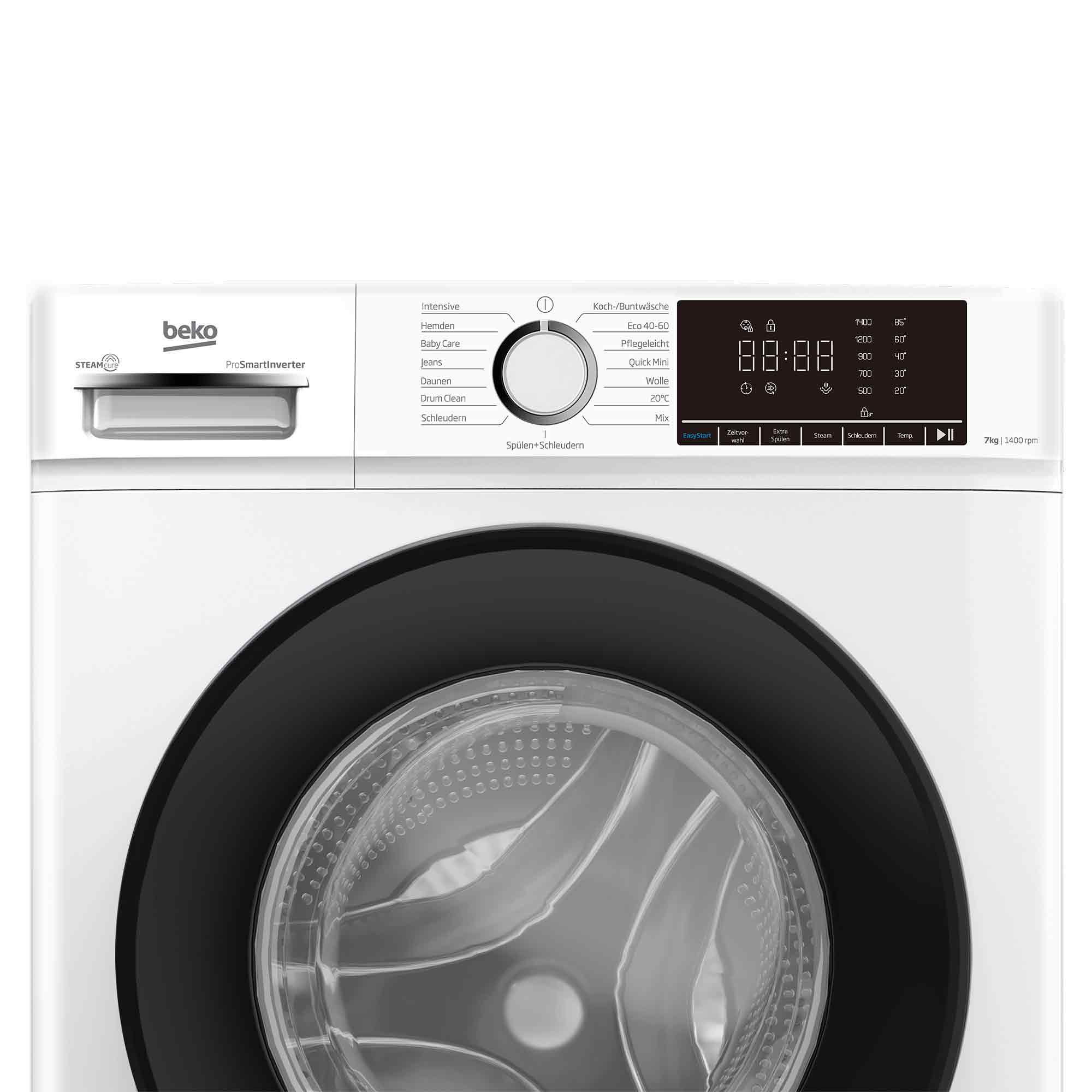 Weiße Beko Waschmaschine mit digitaler Anzeige und Programmauswahl.