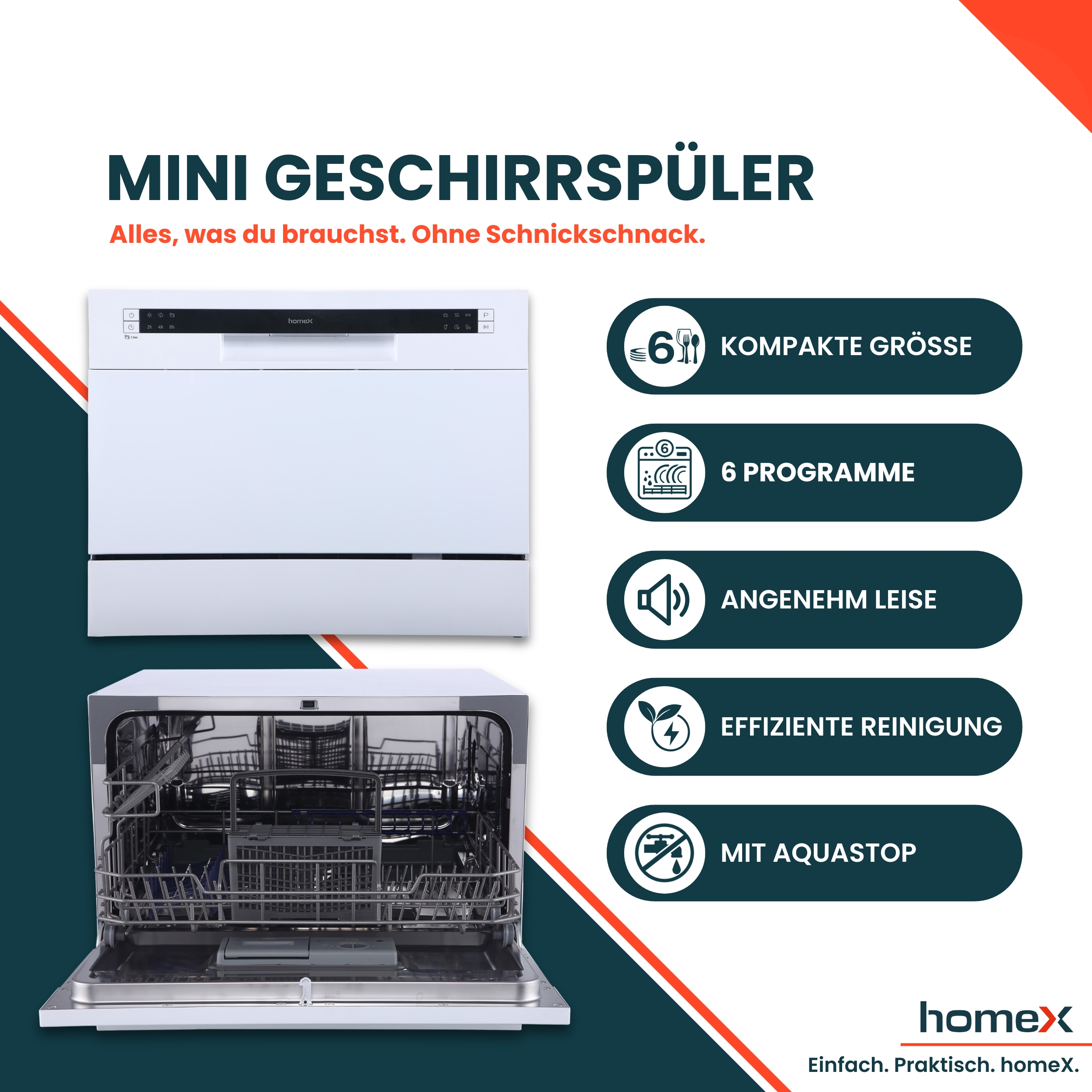 Weiße Mini-Spülmaschine mit geöffneter Tür, zeigt Innenraum und Bedienelemente.