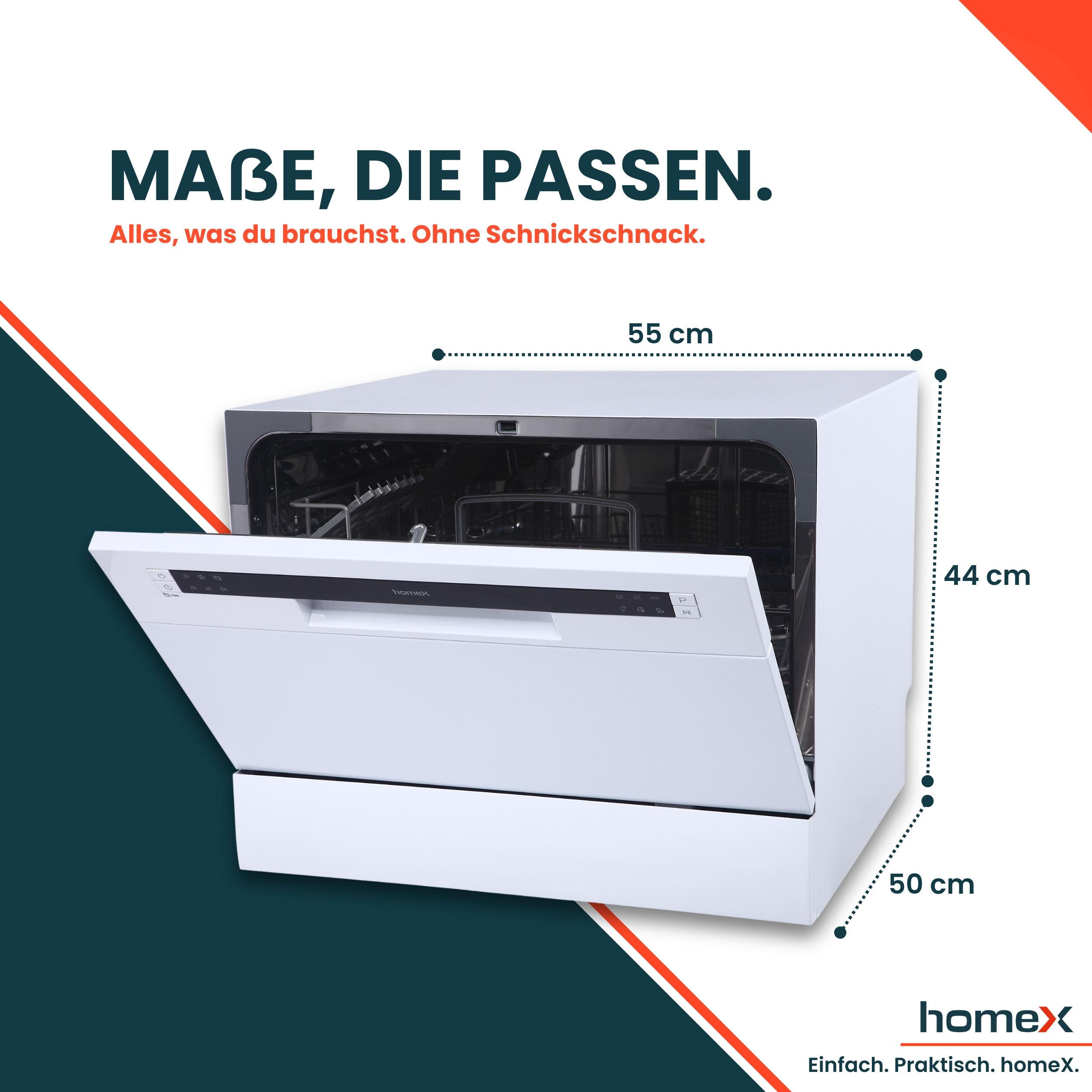 Weiße Spülmaschine mit geöffneter Tür. Maße: 55 cm Breite, 44 cm Höhe, 50 cm Tiefe.