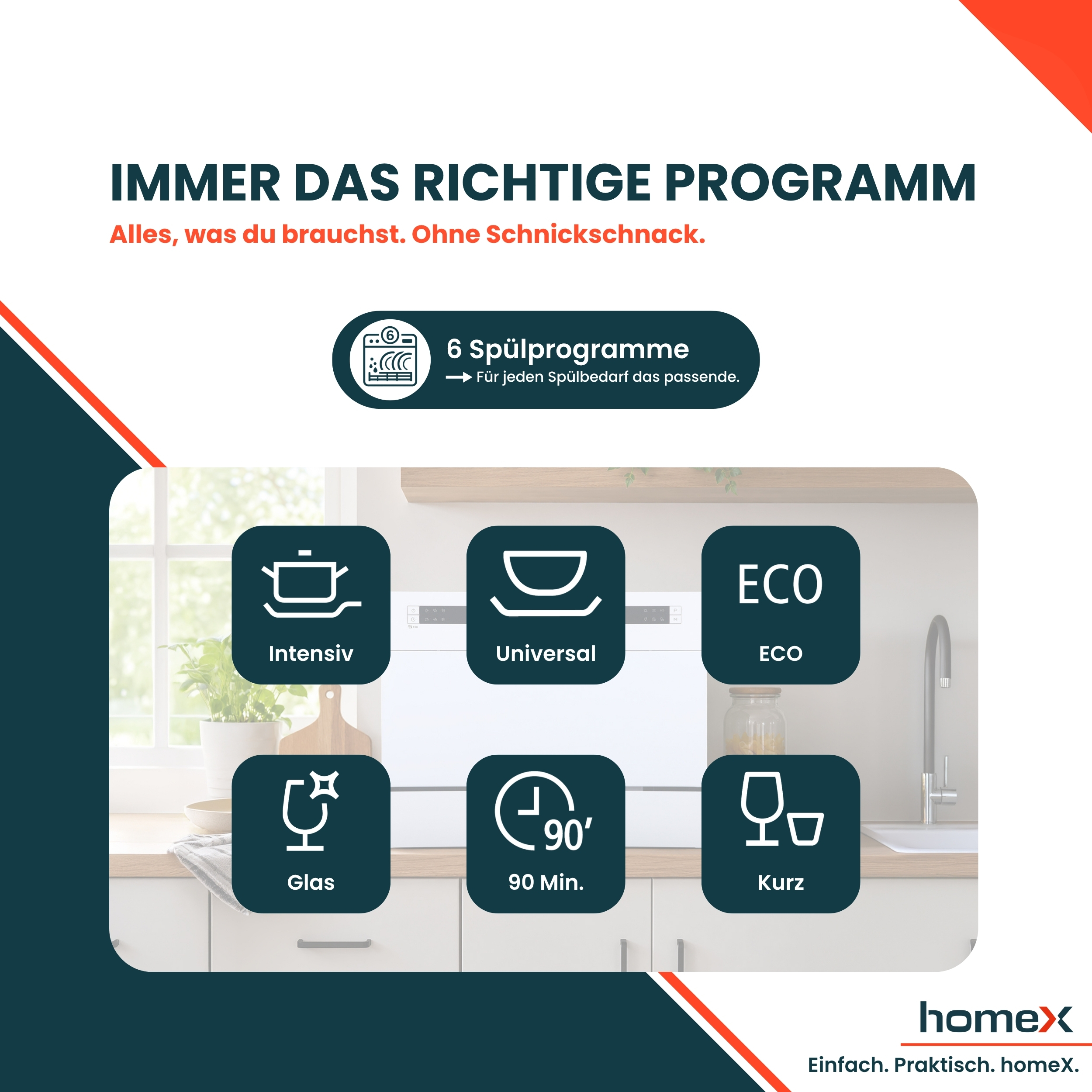 Geschirrspüler mit 6 Programmen: Intensiv, Universal, ECO, Glas, 90 Min., Kurz.