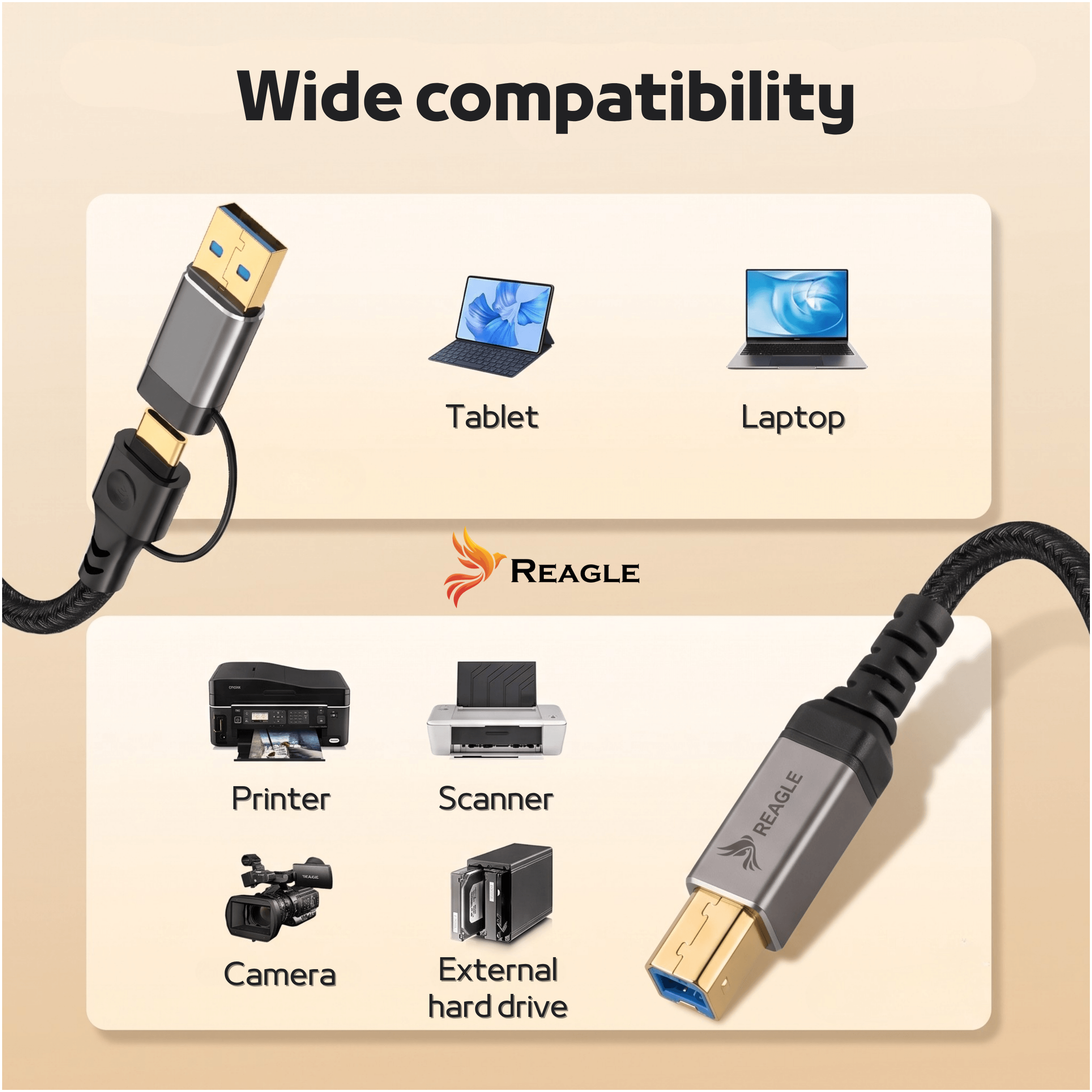 USB-C-Kabel, das mit verschiedenen Geräten verbunden ist: Tablet, Laptop, Drucker, Scanner, Kamera, externer HDD.