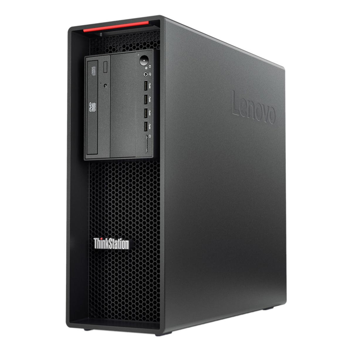 Czarna obudowa PC Lenovo ThinkStation z napędem DVD i portami USB.