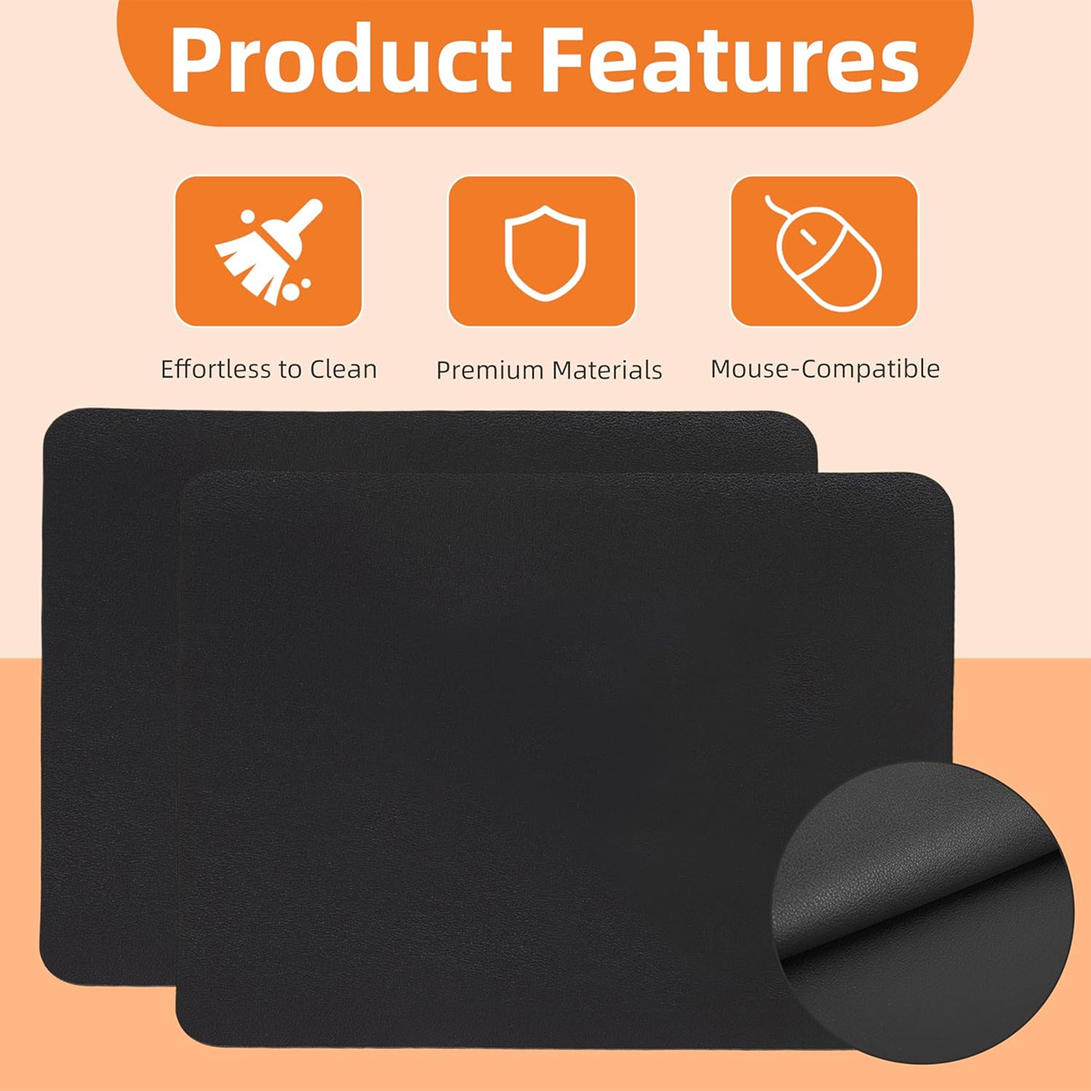 Zwei schwarze Mausunterlagen mit Produktmerkmalen: mühelos zu reinigen, Premium-Materialien, Maus-kompatibel.