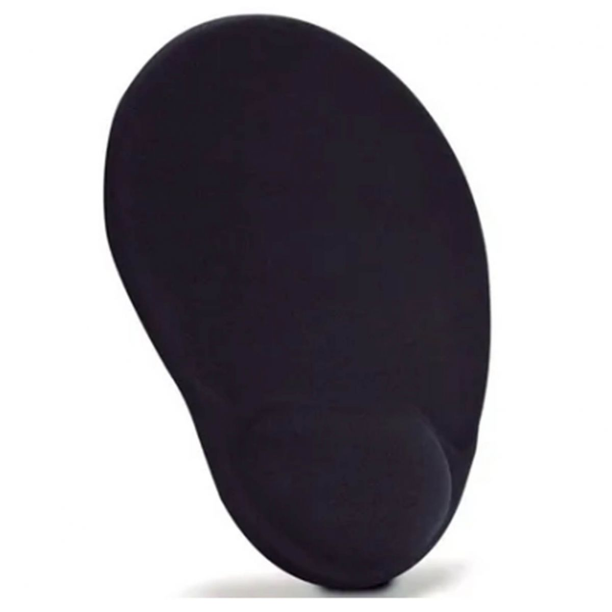 Ein schwarzes Mauspad mit Handgelenkstütze auf weißem Hintergrund.
