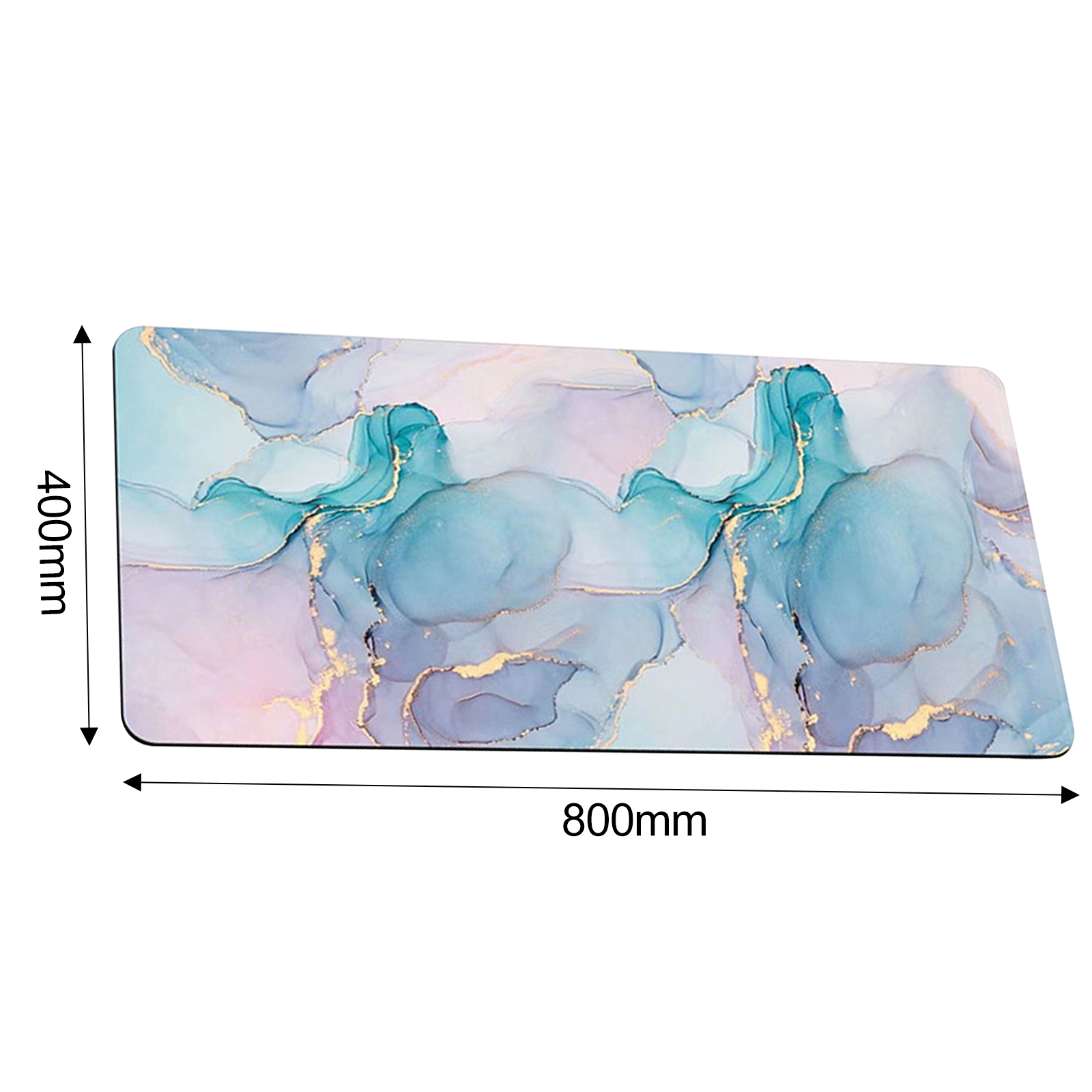 Eine rechteckige Mousepad mit Marmormuster in Blau, Lila und Gold.