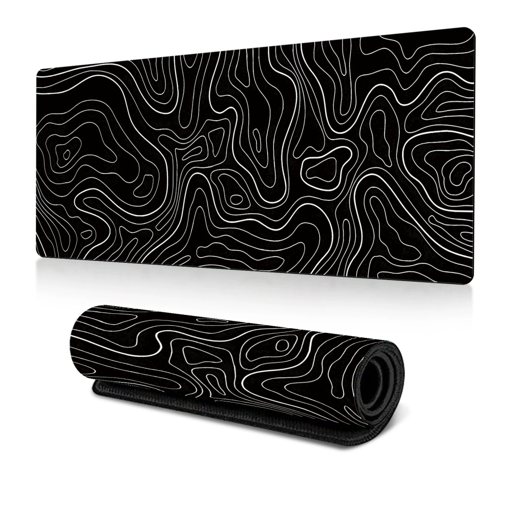 Schwarzes Mauspad mit weißem topografischem Muster, aufgerollt und flach.