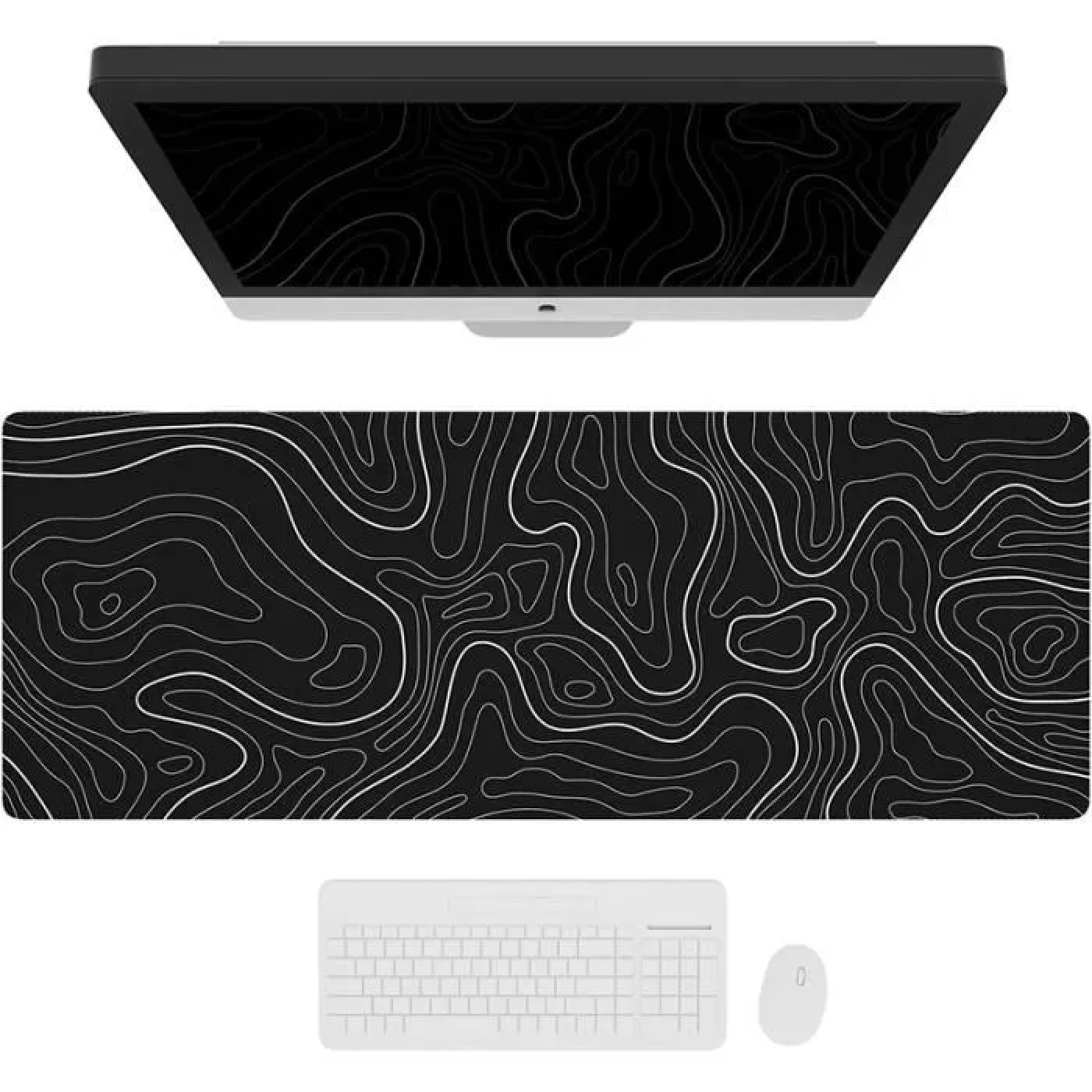 Ein schwarzer Computermonitor mit weißer Tastatur und Maus auf schwarzer Unterlage.