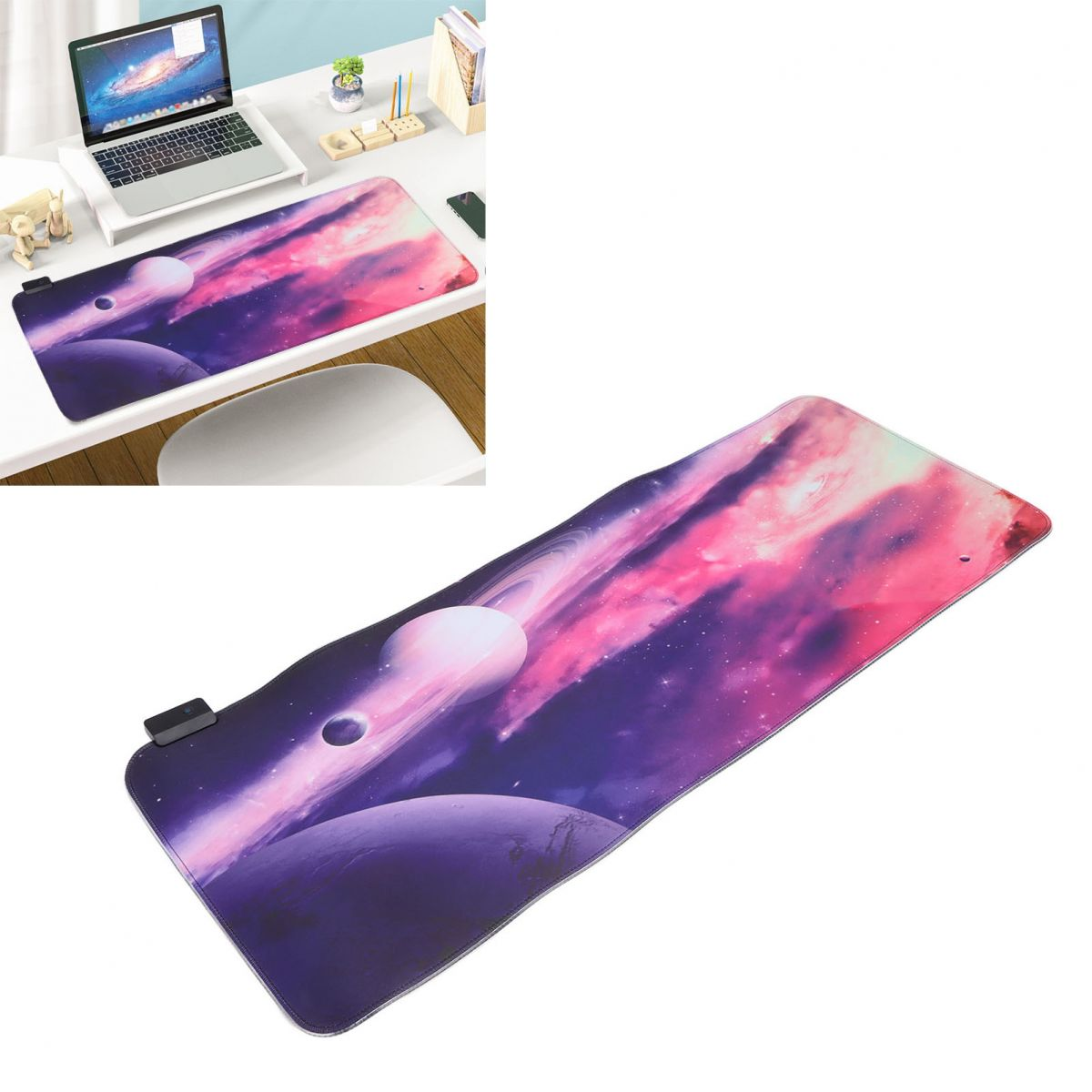 Lange Gaming-Mausmatte mit Weltraum-Motiv, lila und rosa Nebel, Planeten.