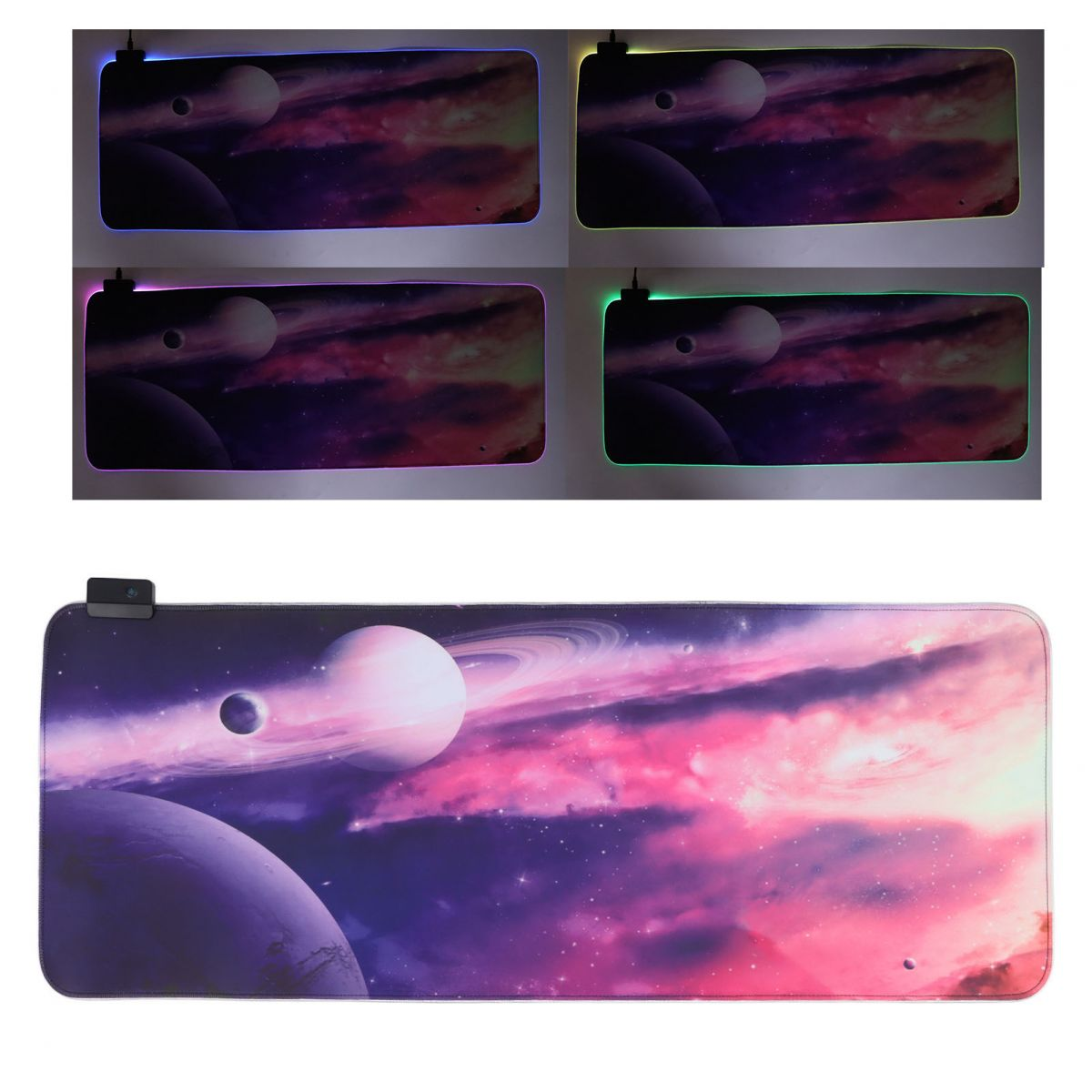 Ein Mauspads mit Weltraummotiv mit Planeten und Nebeln, beleuchtet mit RGB-Licht.
