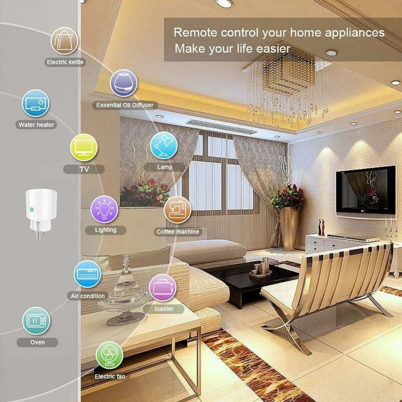 Modernes Wohnzimmer mit Symbolen für Haushaltsgeräte und Fernbedienung.