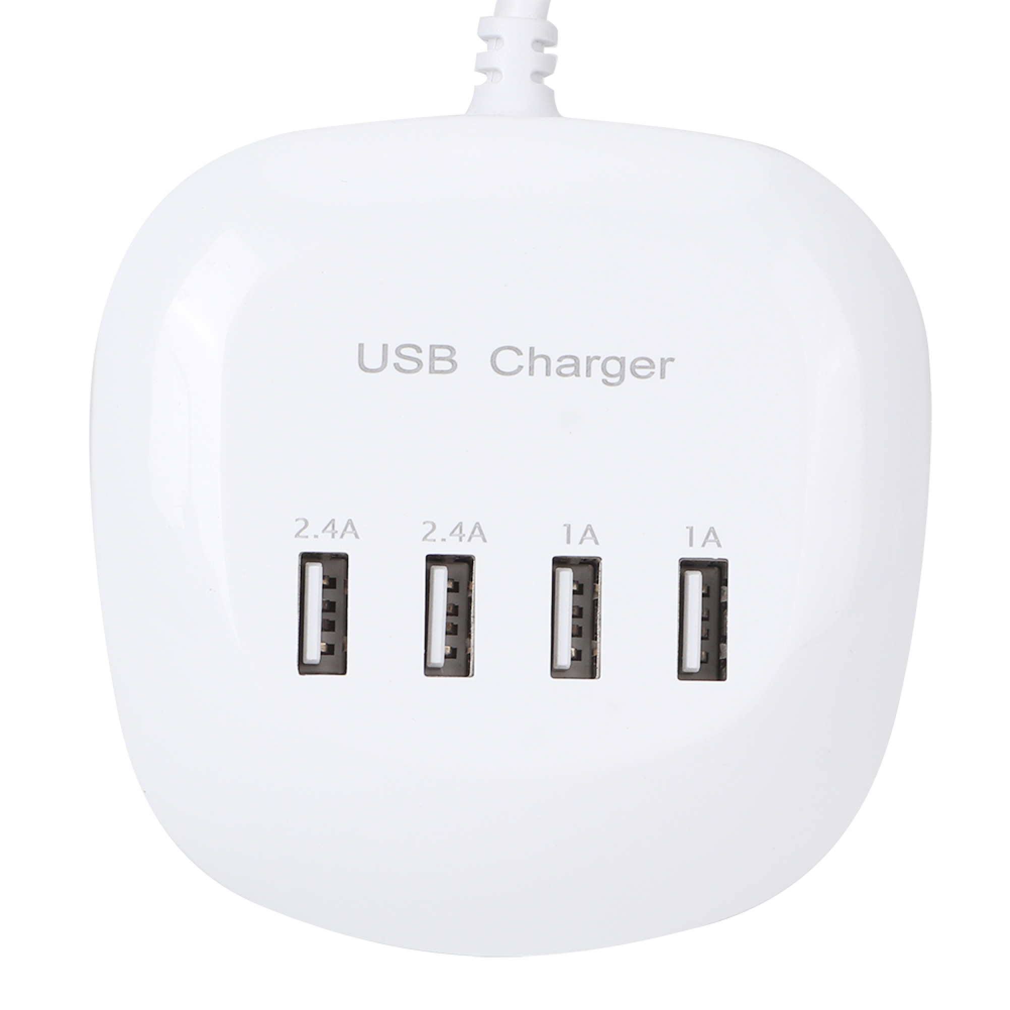 Ein weißes USB-Ladegerät mit vier Anschlüssen und Beschriftungen.