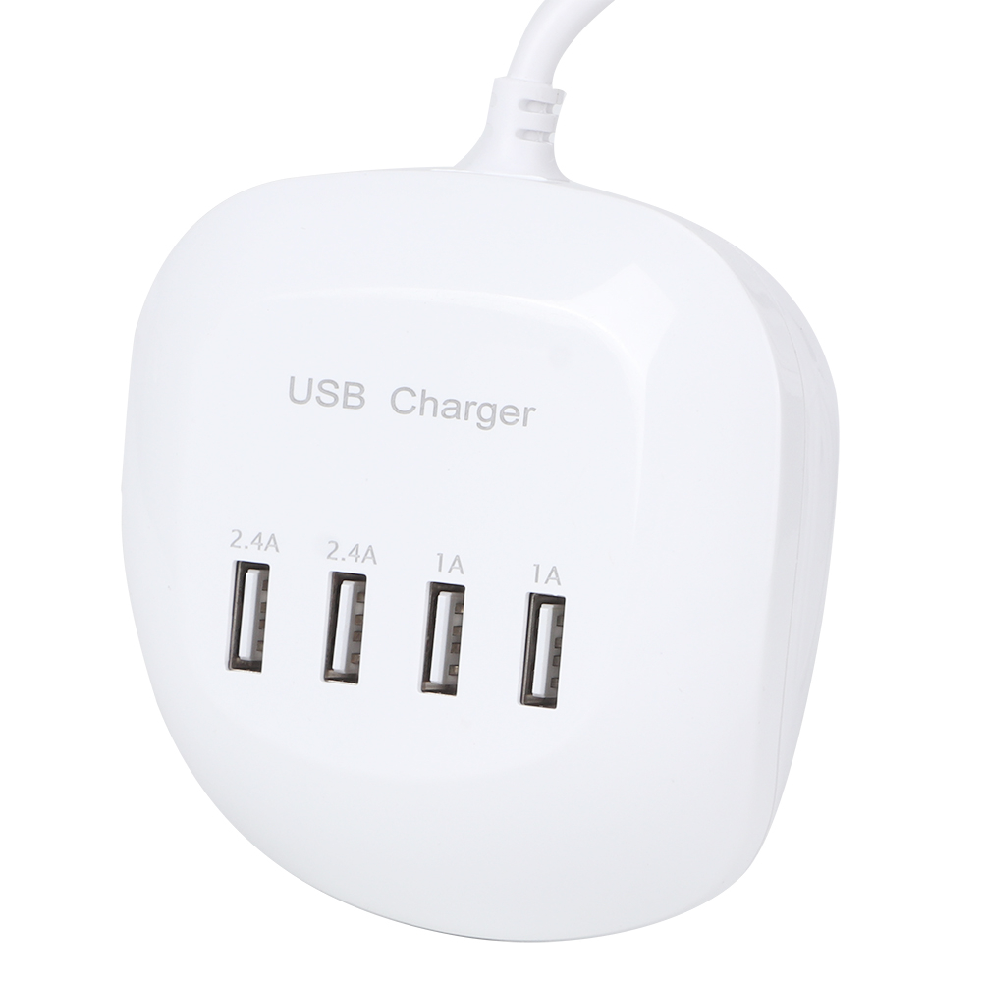Ein weißer USB-Ladegerät mit vier Anschlüssen und Beschriftungen.