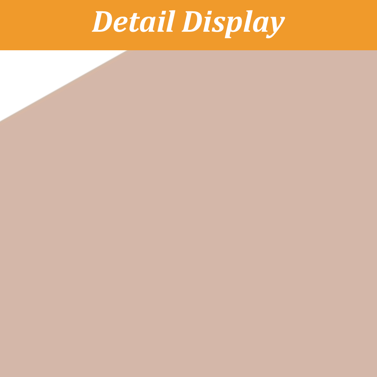 Orange Balken mit weißem Text 'Detail Display' auf rosafarbenem Hintergrund.
