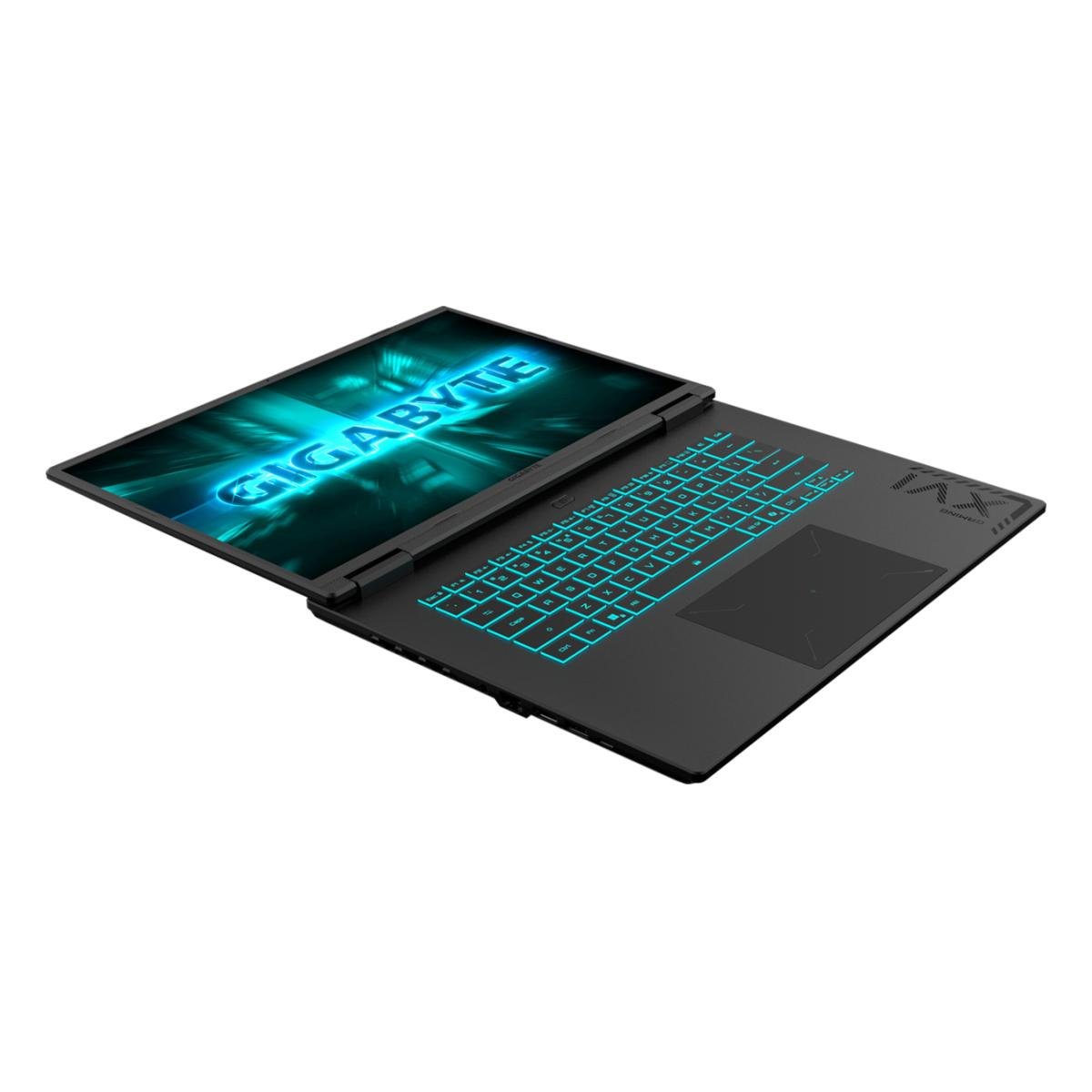 Schwarzer Laptop mit beleuchteter blauer Tastatur und Gigabyte-Logo auf dem Bildschirm.