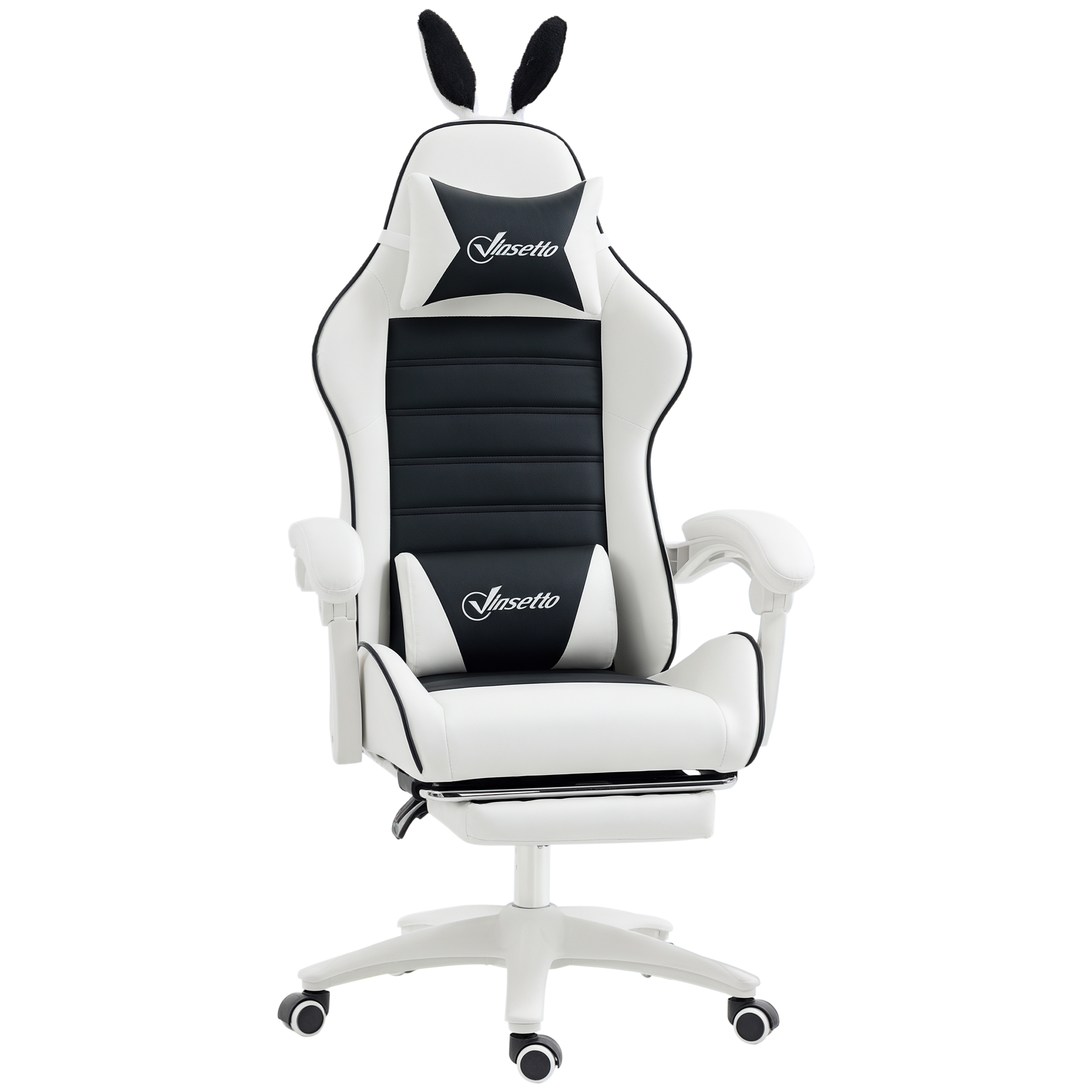 Una sedia da gaming bianca con accenti neri e orecchie da coniglio.
