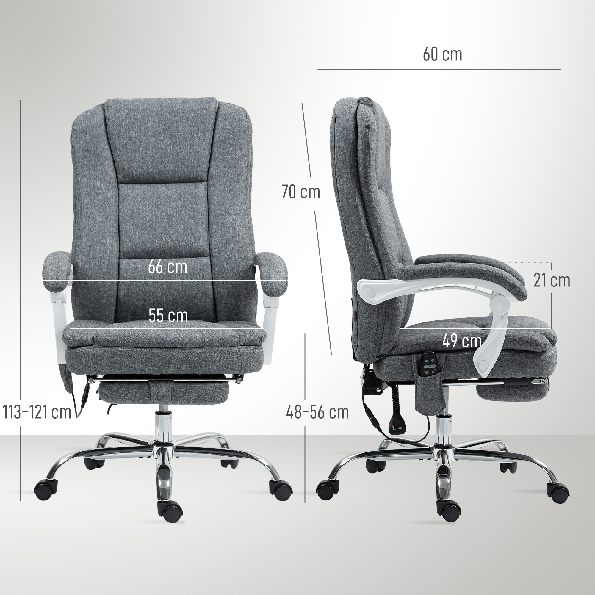Sedia da ufficio grigia con dimensioni: larghezza 60 cm, altezza 70 cm, profondità seduta 55 cm.